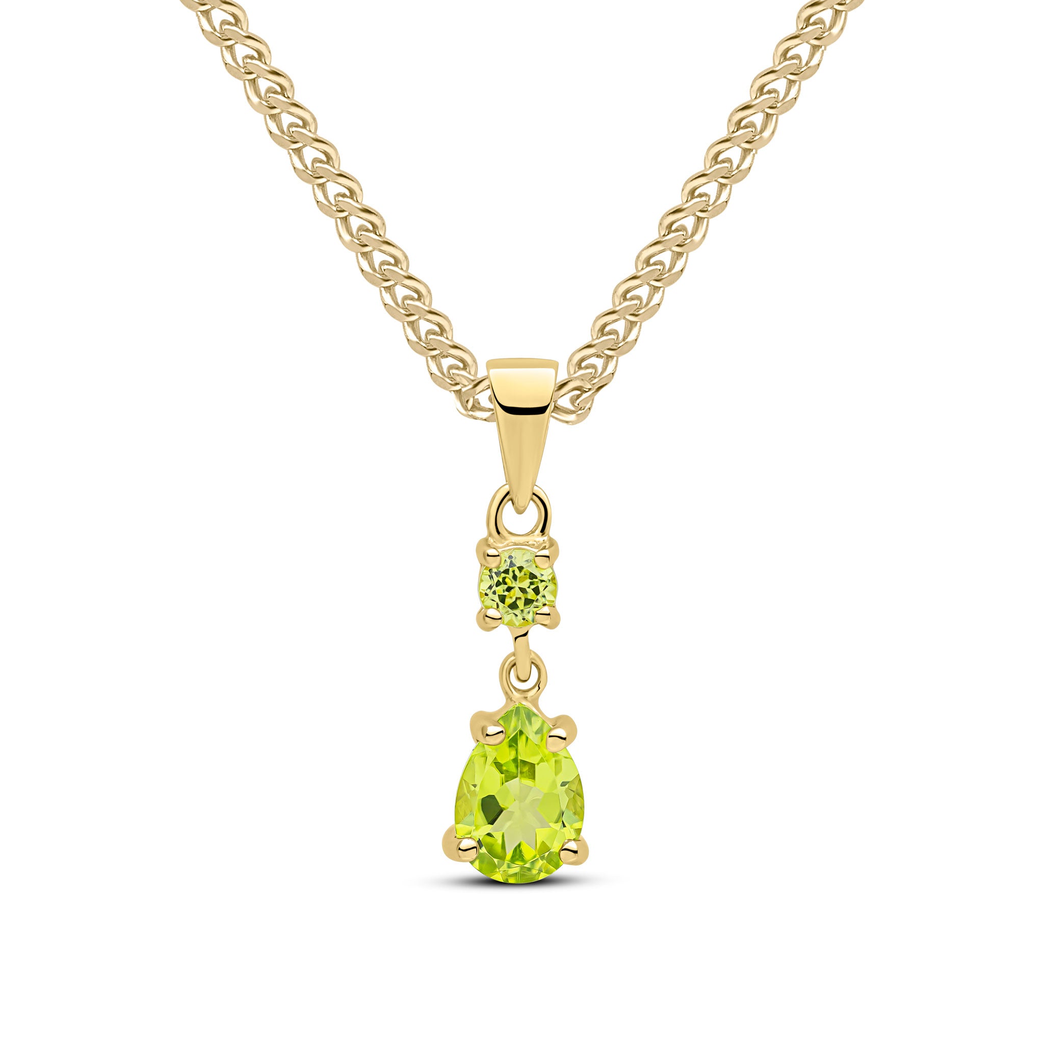 9ct Yellow Gold Round and Pear Shape Peridot Claw Set 2 Stone Drop Pendant