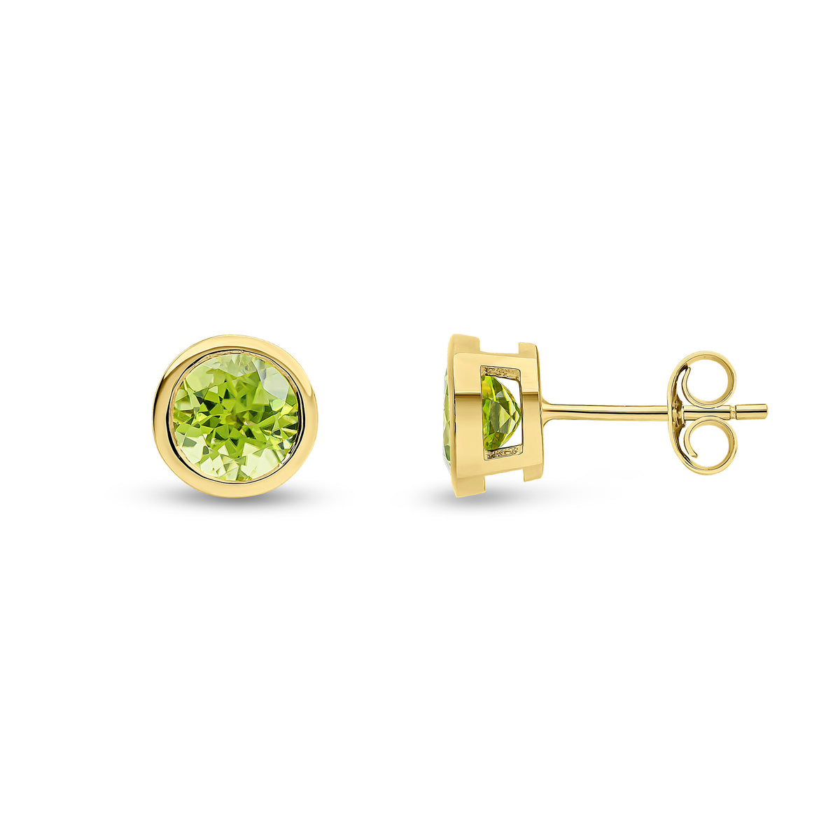 9ct Yellow Gold 6mm Round Peridot Rubover Earrings