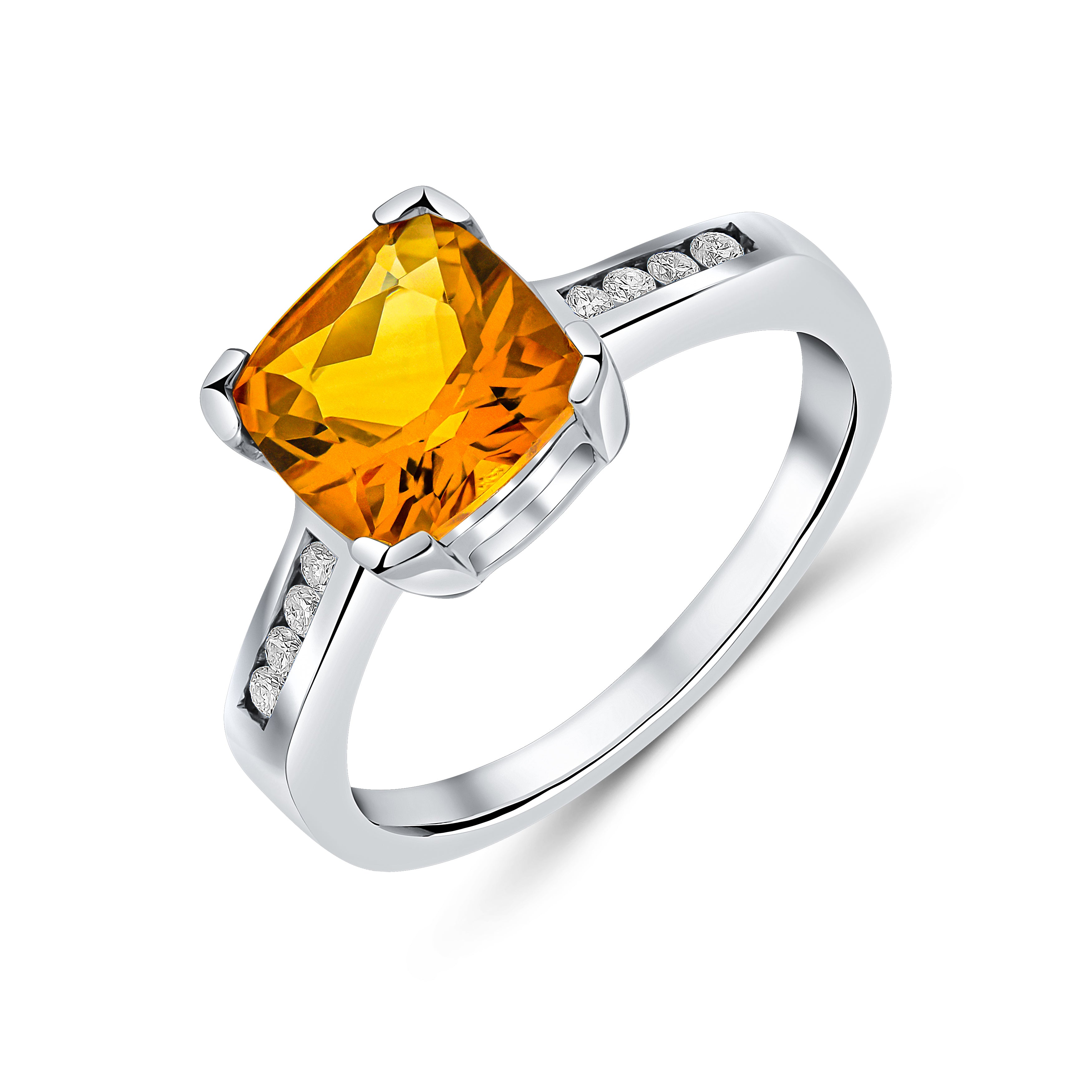 9ct White Gold Claw Set Cushion Citrine Single Stone Ring with Channel Set Diamond Shoulders