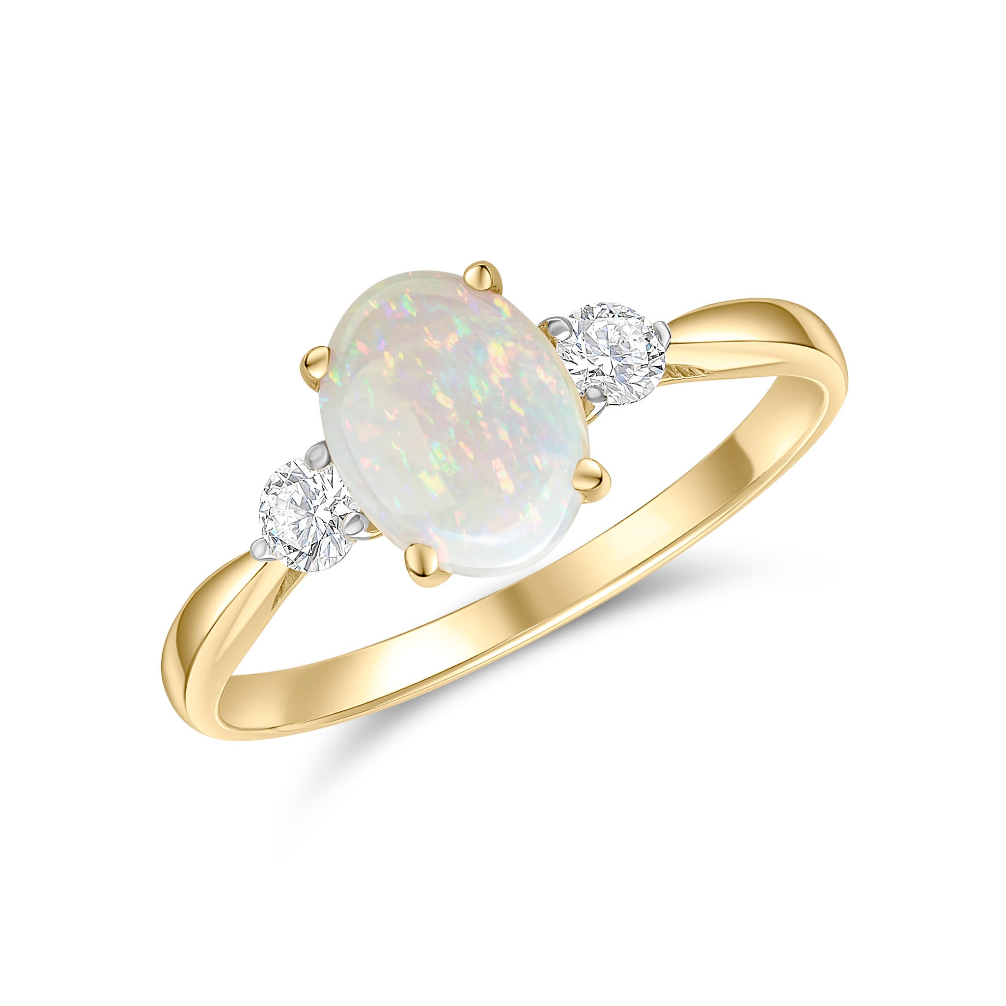 18ct Yellow Gold 8x6 Oval Opal and Round Diamond Claw Set 3 Stone Ring Rhodium to Diamonds