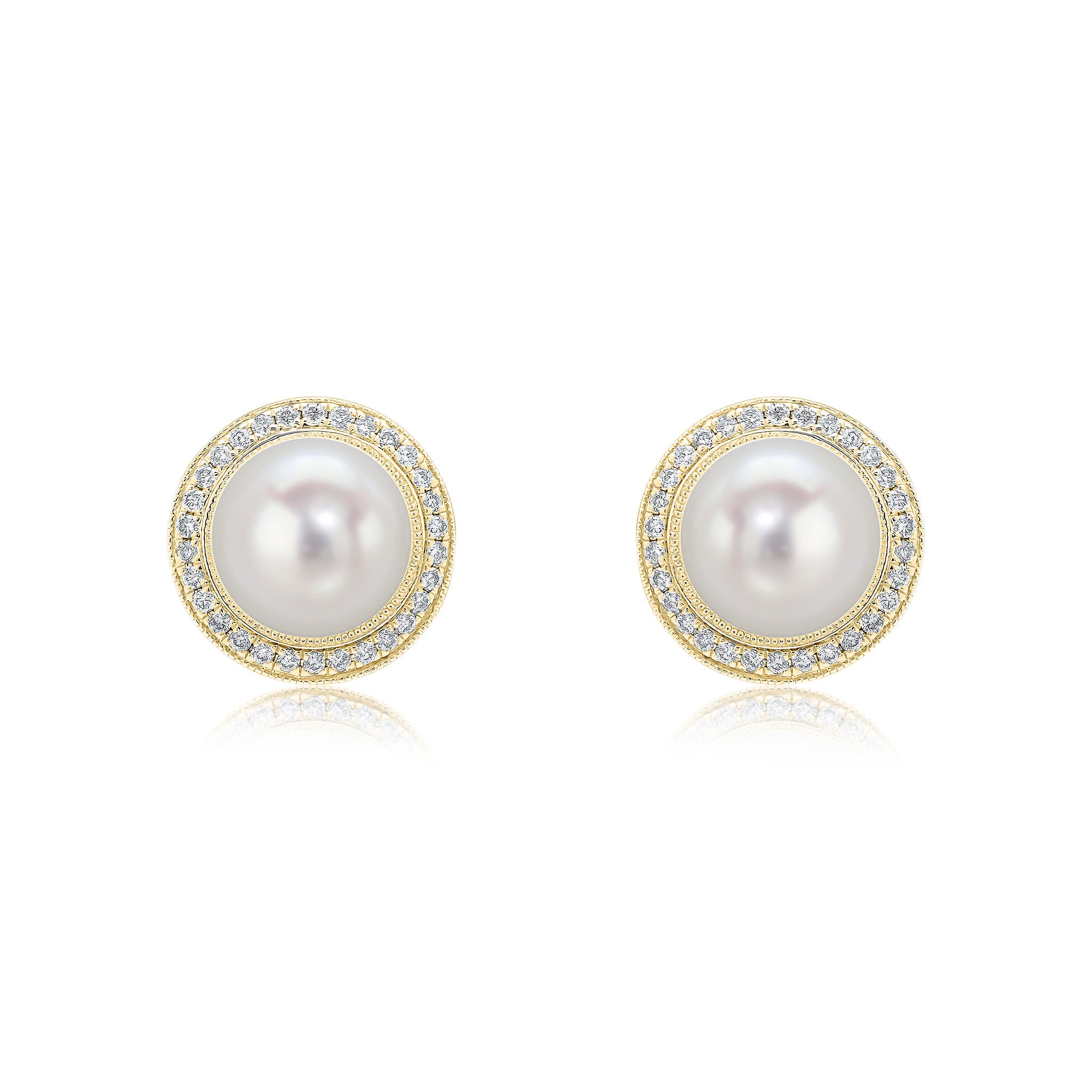 18ct Yellow Gold Freshwater Cultured Pearl and Diamond Round Milgrain Cluster Earrings