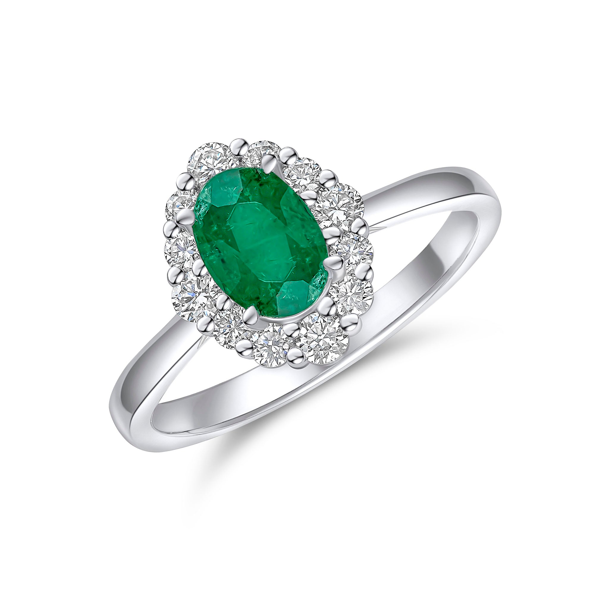 18ct White Gold 7x5 Oval Emerald & Diamond Claw Set Cluster Ring