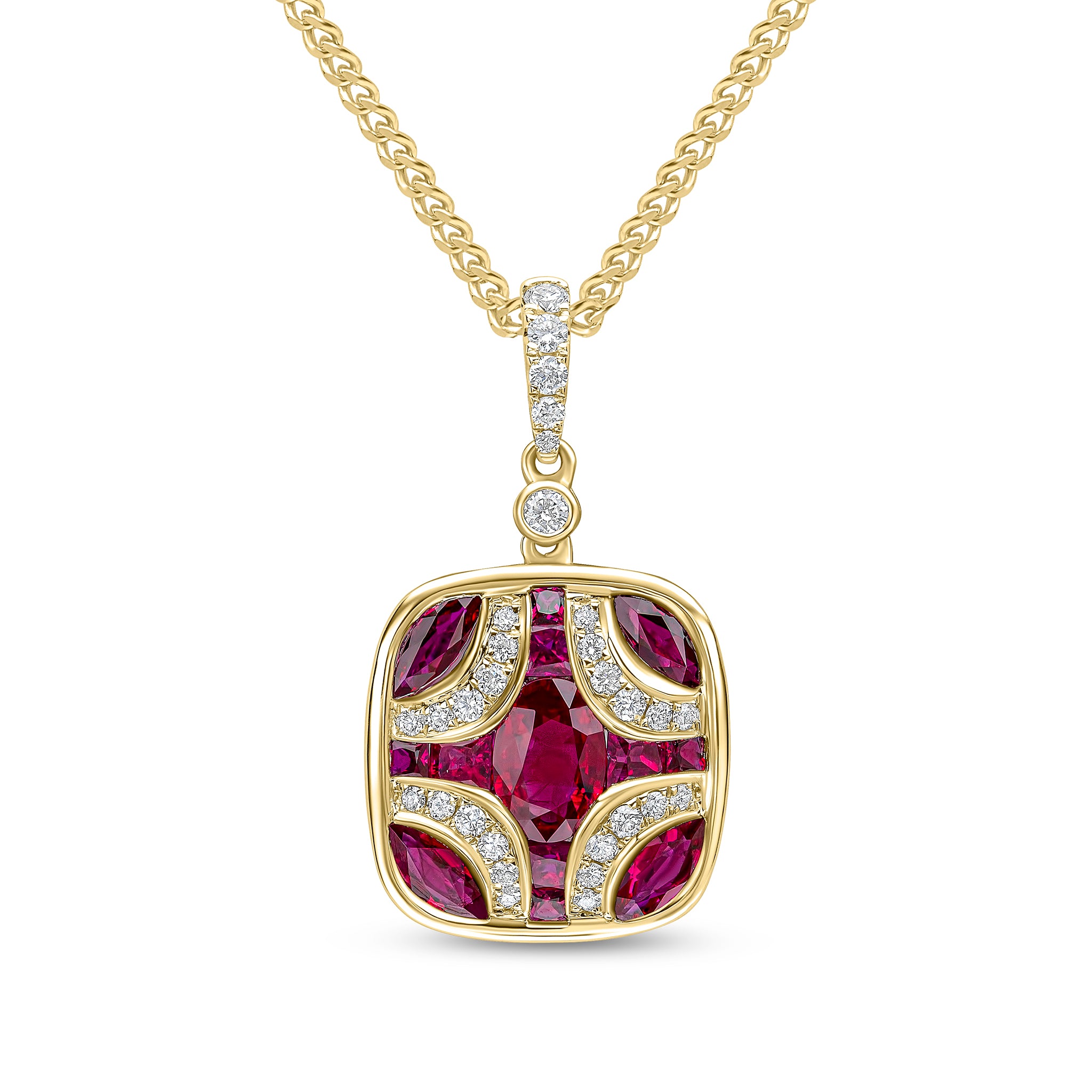 18ct Yellow Gold Ruby & Diamond Shield Pendant with Diamond Set Loop