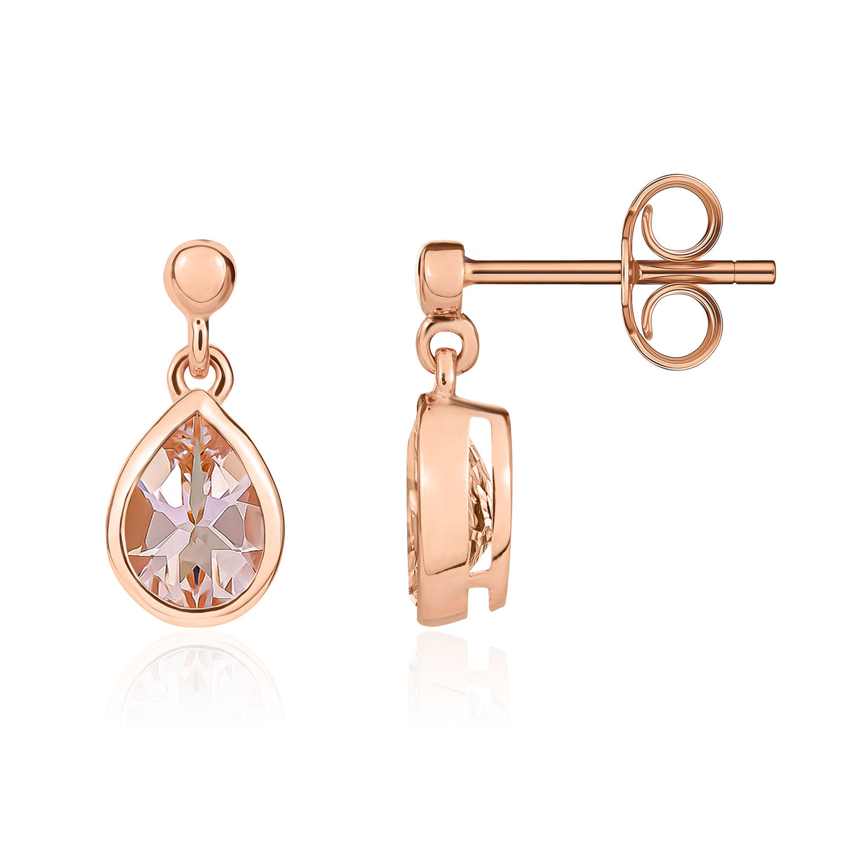 9ct Rose Gold 7x5 Pear Shape Morganite Rubover Drop Earrings with Bead Top