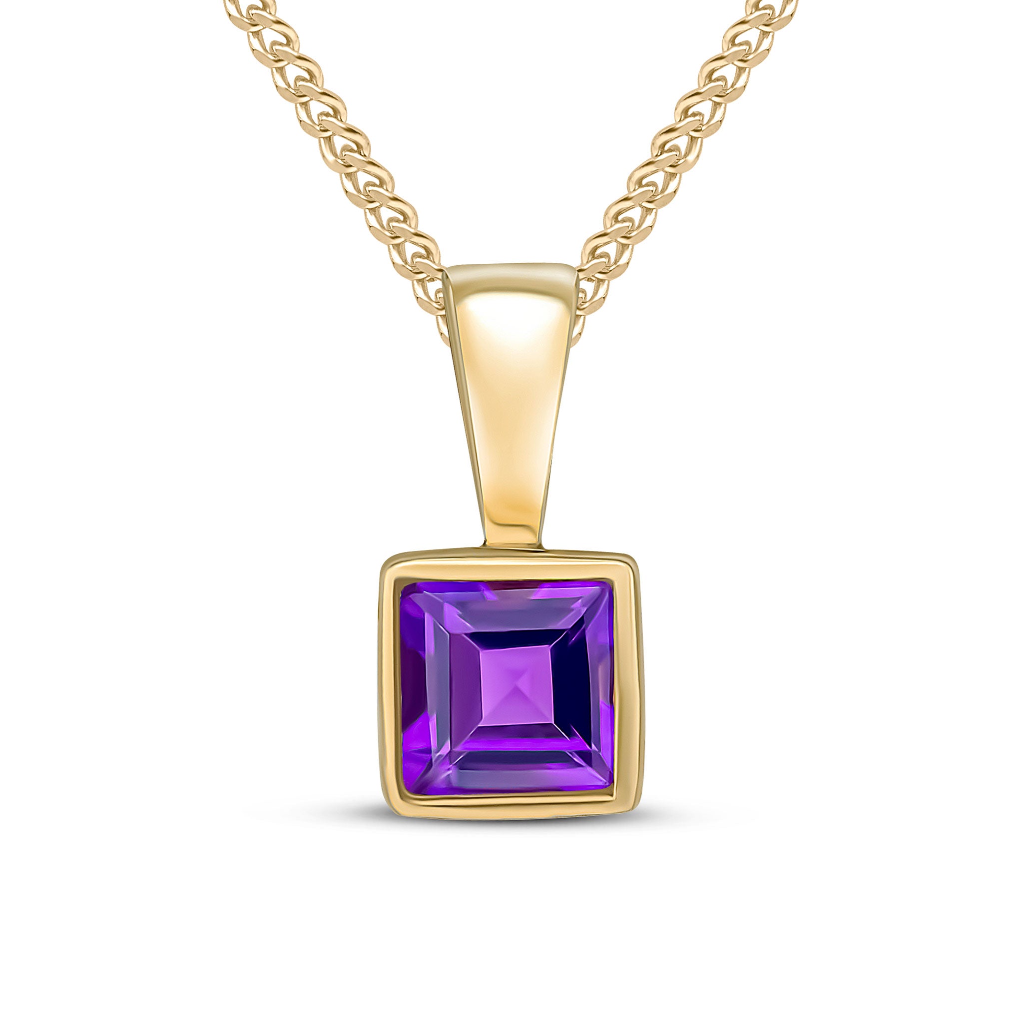 9ct yellow gold 4mm Square Amethyst rubover pendant