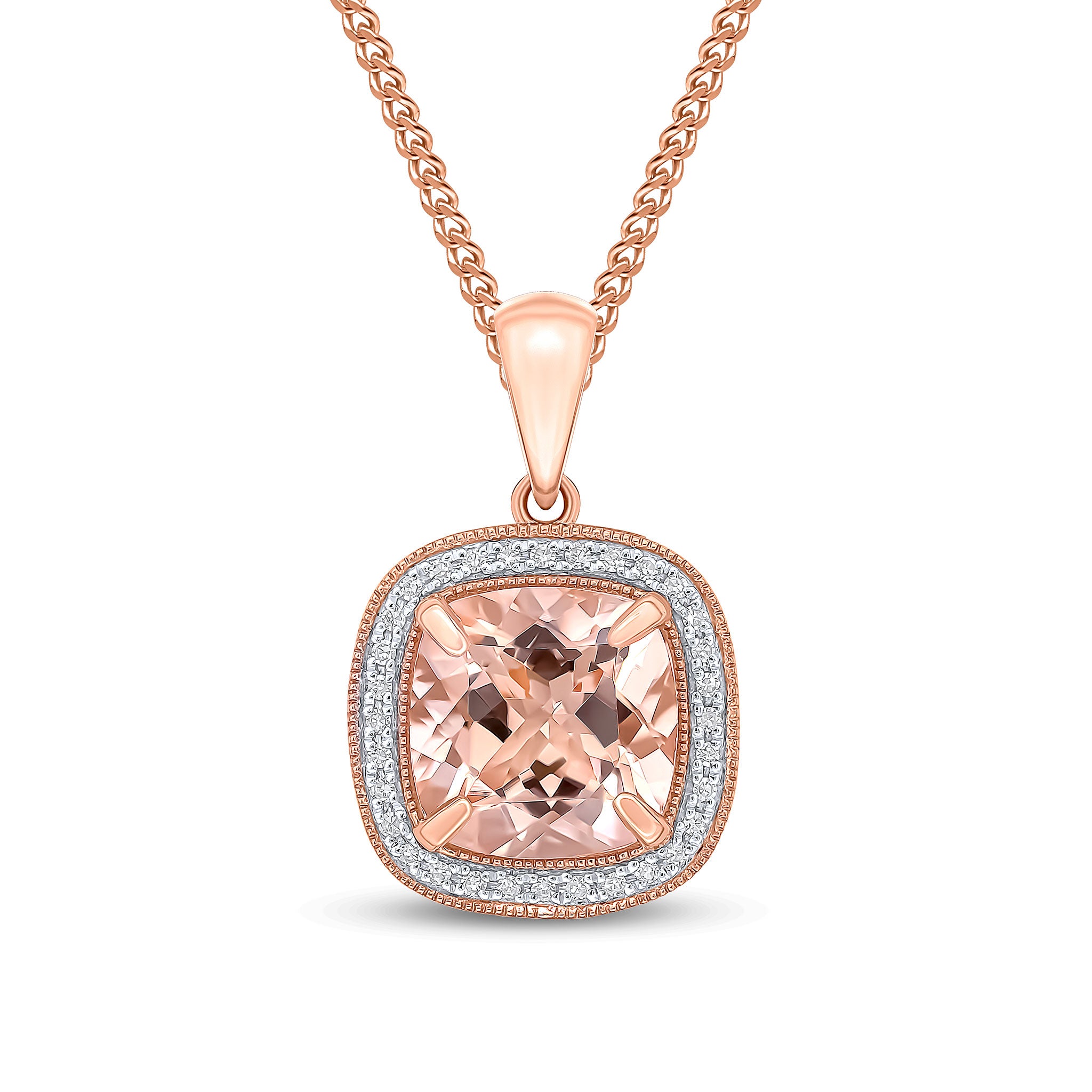 9ct rose gold 9mm Cushion morganite & diamond cluster pendant; Millegrain
