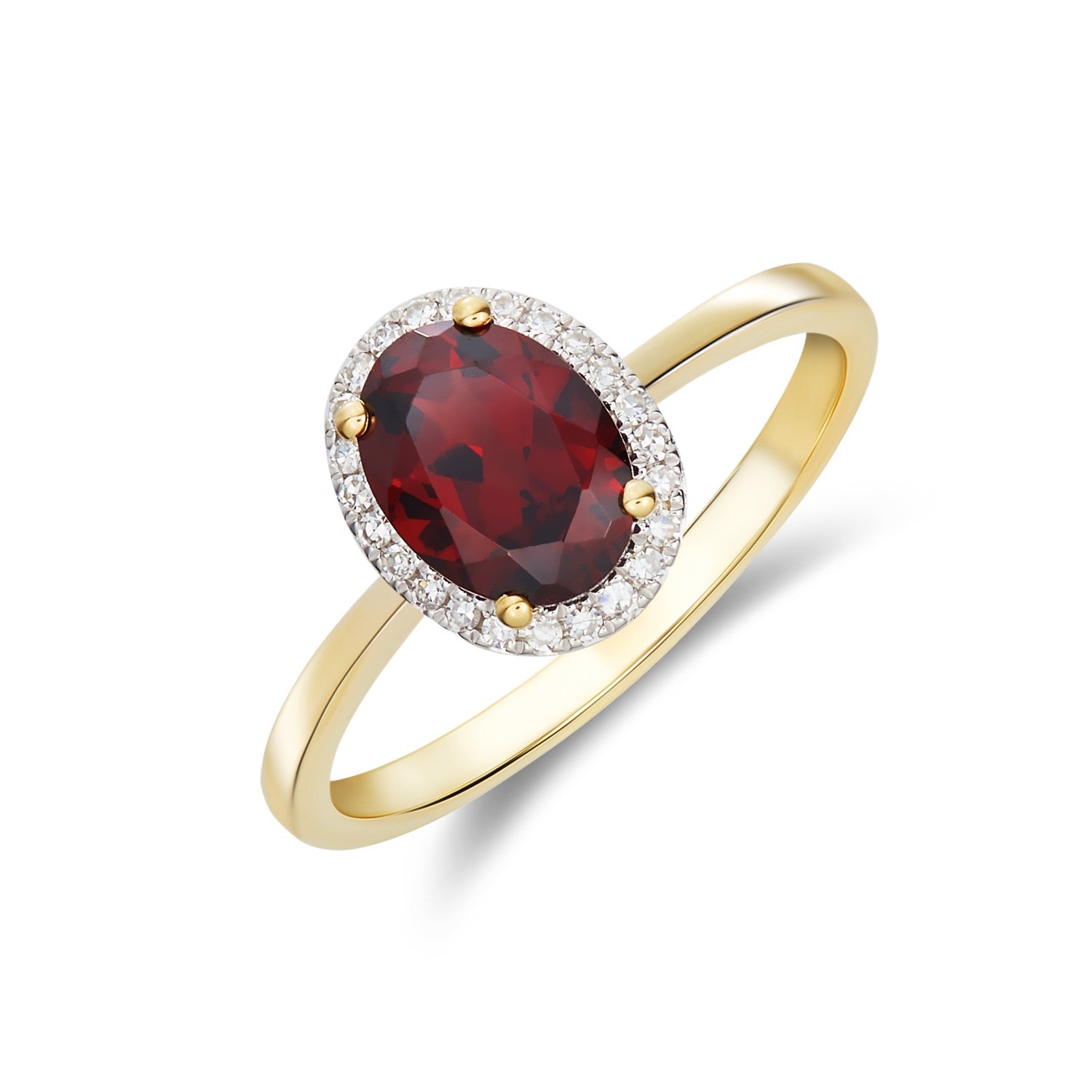 9CT YG 8X6 OVAL GARNET & DIAMOND CLAW SET CLUSTER RING. RHODIUM TO DIAMONDS 1