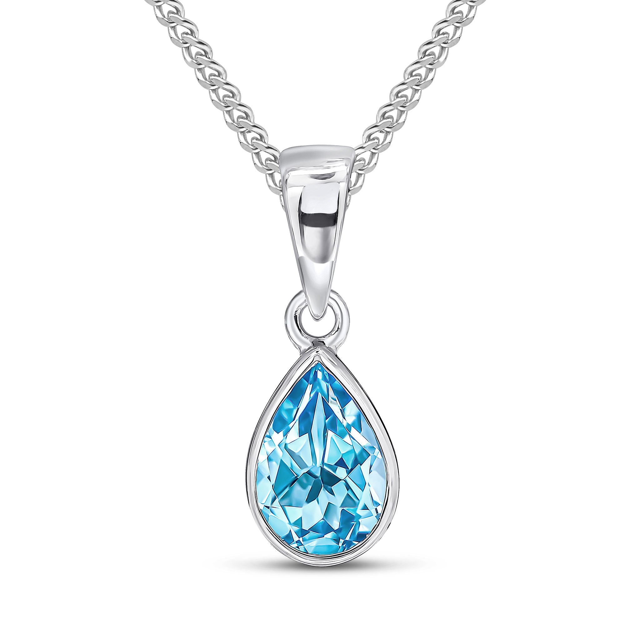 9ct White Gold Pear Shaped Swiss Blue Topaz Rubover Pendant