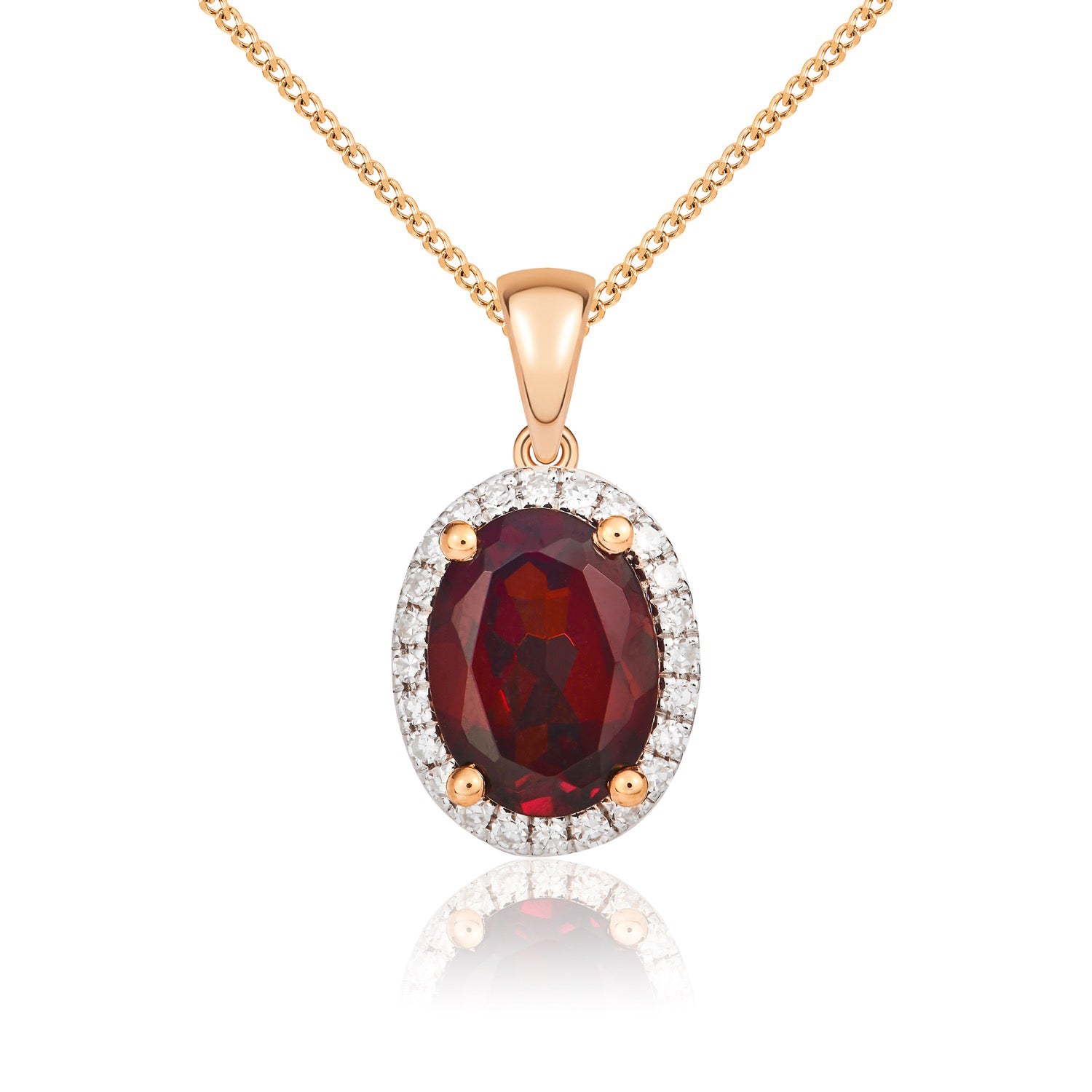9ct Rose Gold 8x6 Oval Garnet & Diamond Claw Set Cluster Pendant Rhodium to Diamonds