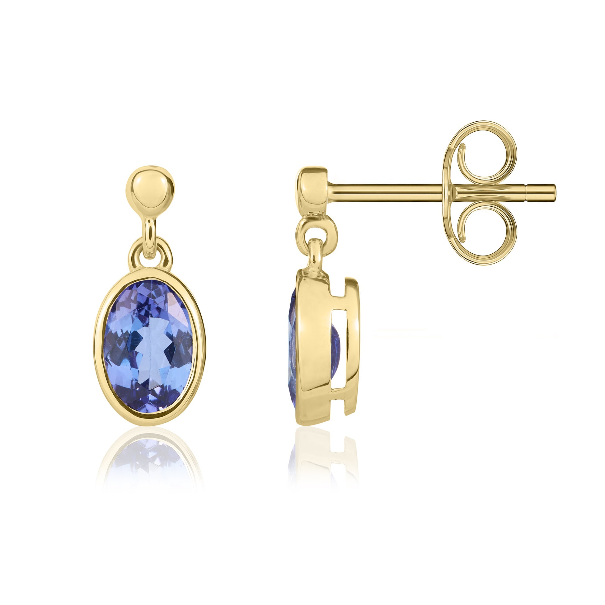 9ct yellow gold 6 x 4mm Oval Tanzanite Rubover Drop Earrings With 2.5mm Bead Top