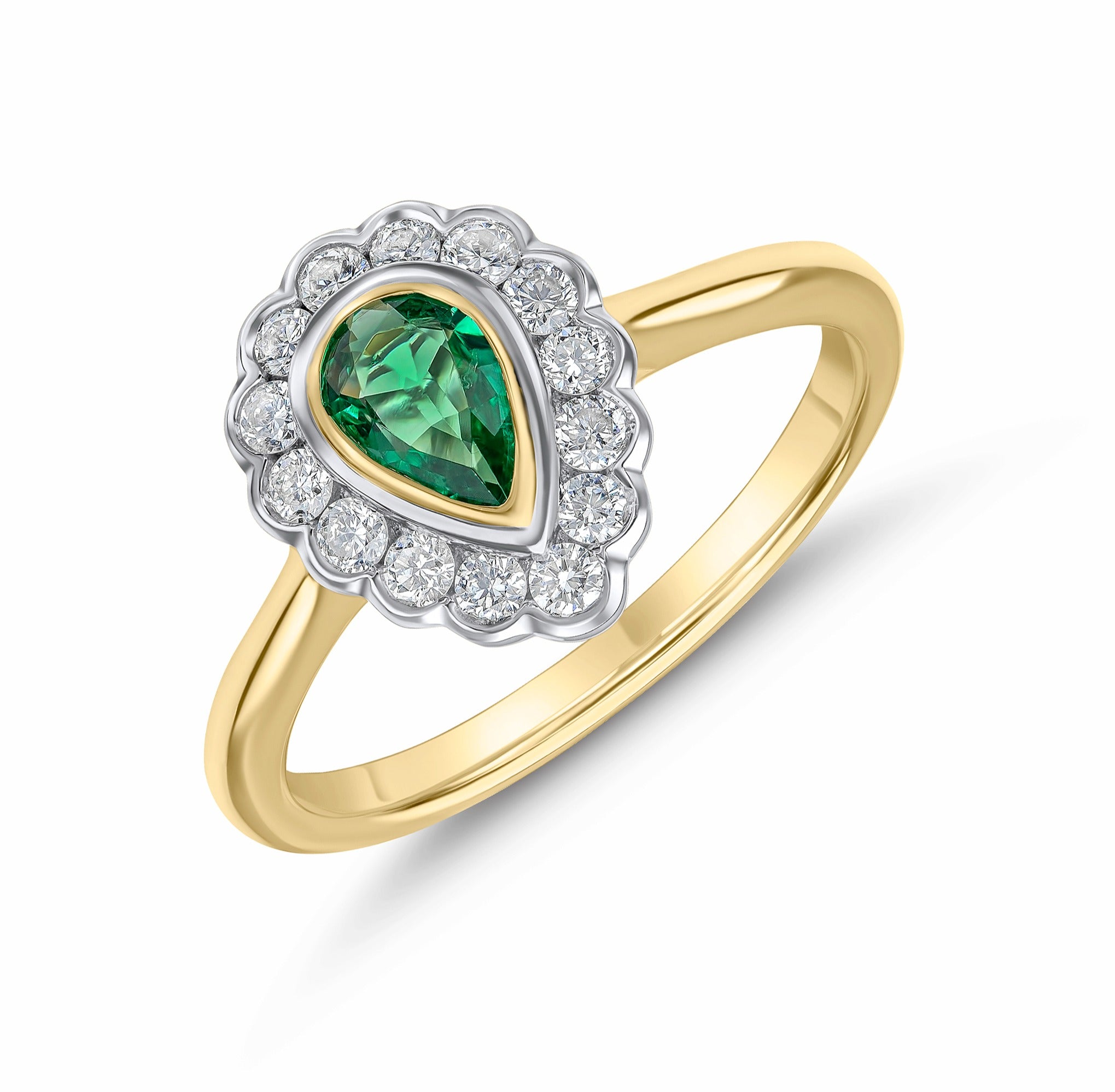 18ct Ywg Pear Shape Emerald and Round Diamond Rubover Cluster Ring