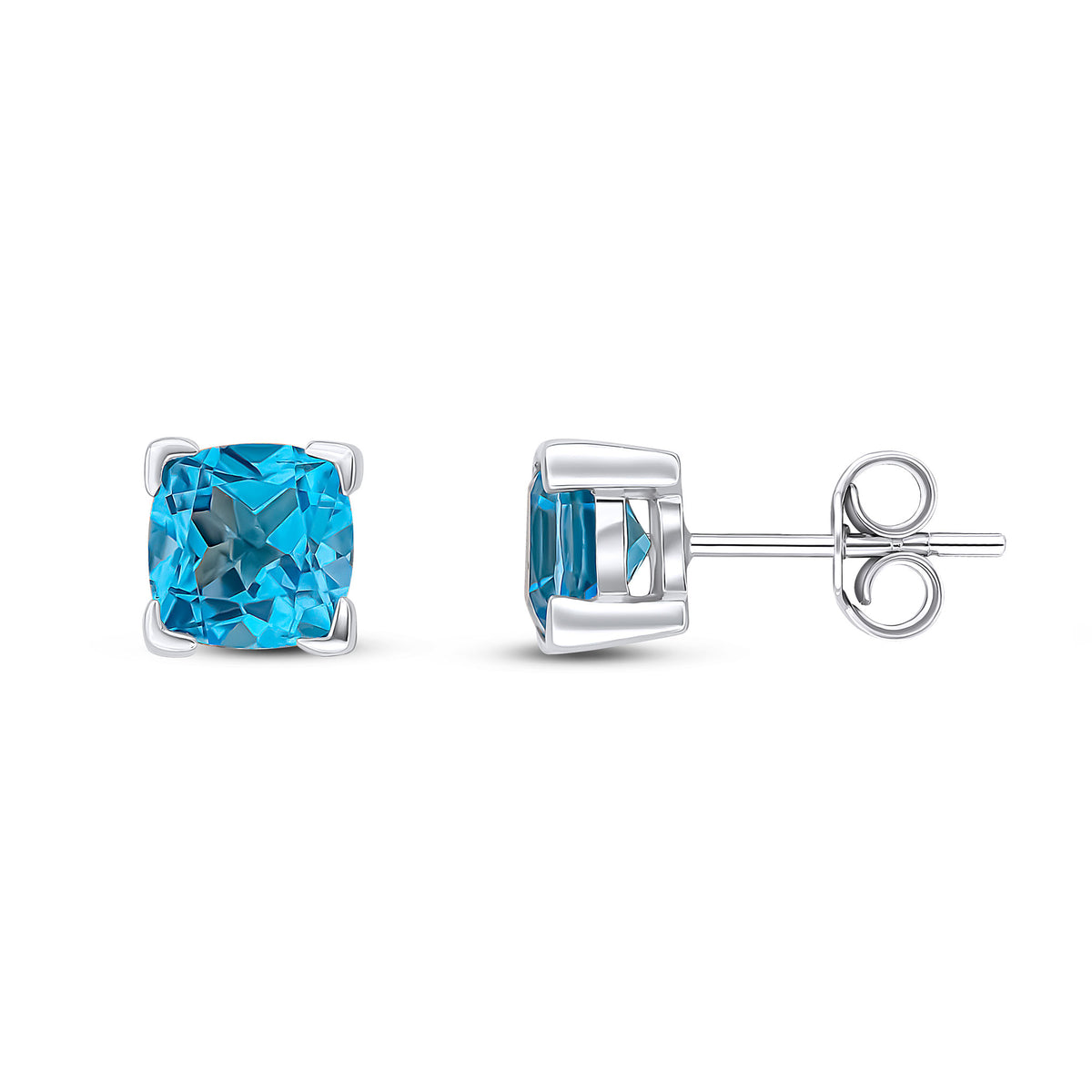 9ct White Gold 6mm Cushion Swiss Blue Topaz Claw Set Earrings