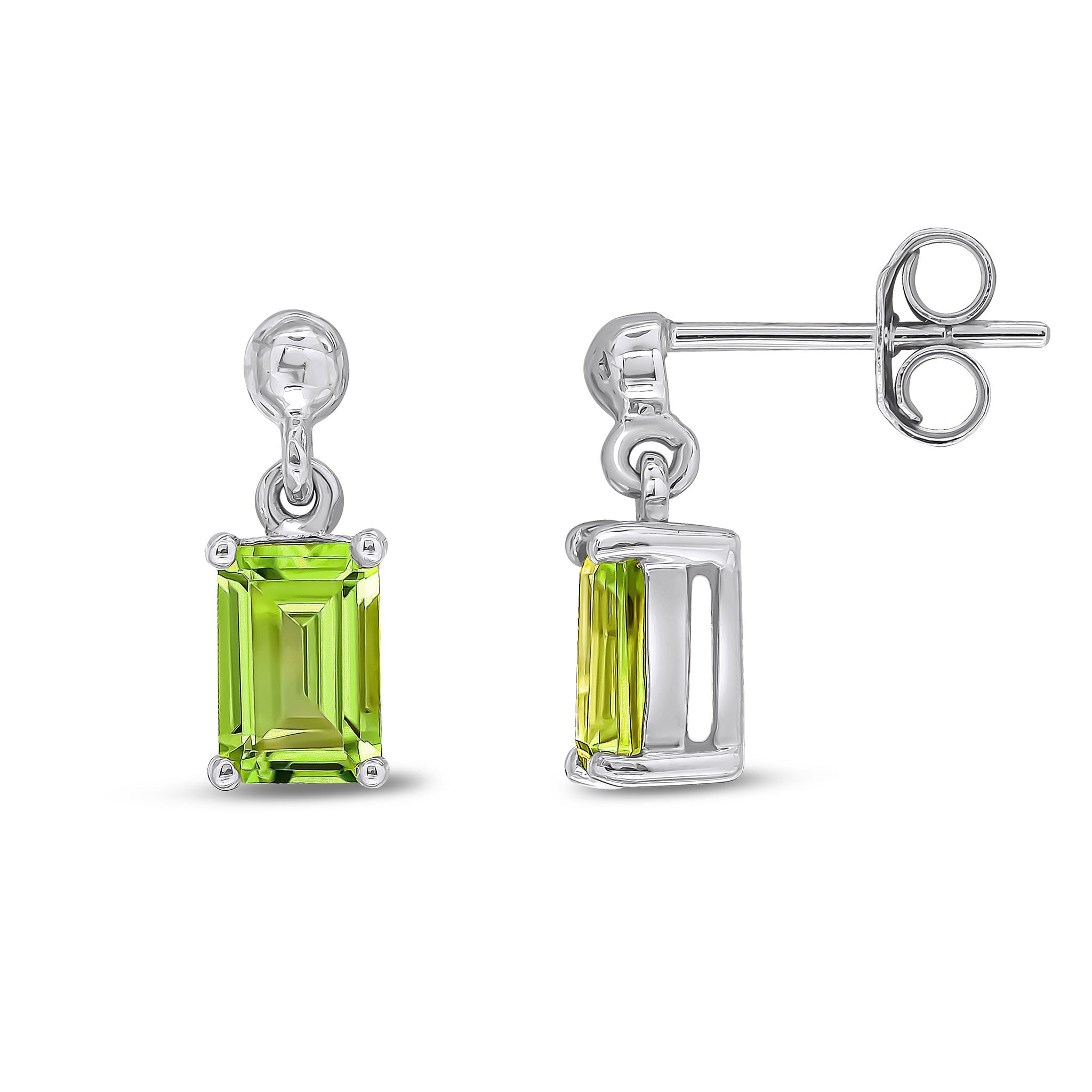 9ct White Gold 6x4 Octagon Peridot Claw Set Drop Earrings with Bead Top