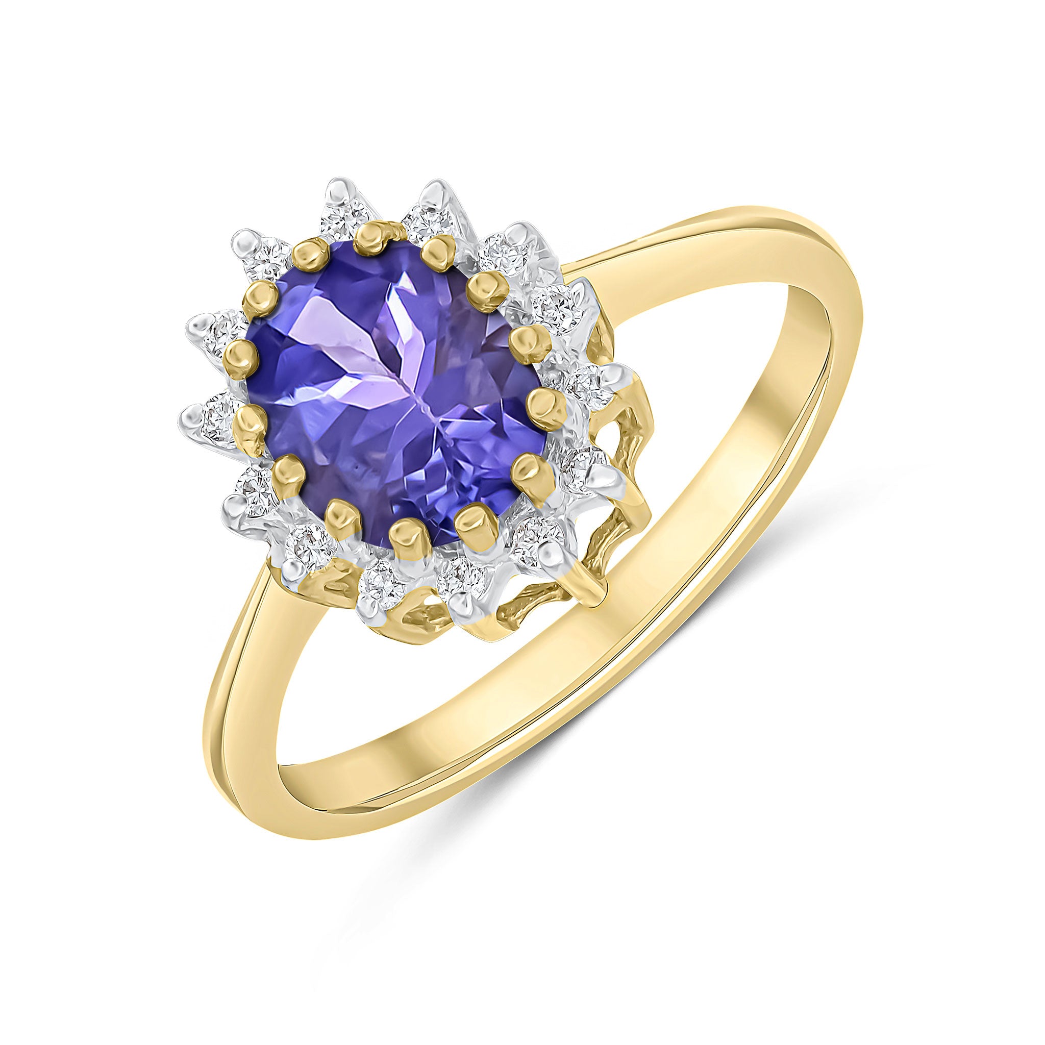 9ct Yellow Gold 8x6 Oval Tanzanite & Diamond Claw Set Cluster Ring Rhodium to Diamonds