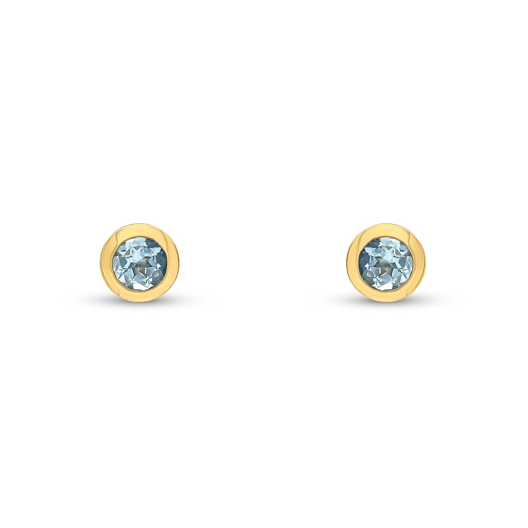 9ct Yellow Gold 3mm Round Aquamarine Rubover Earrings