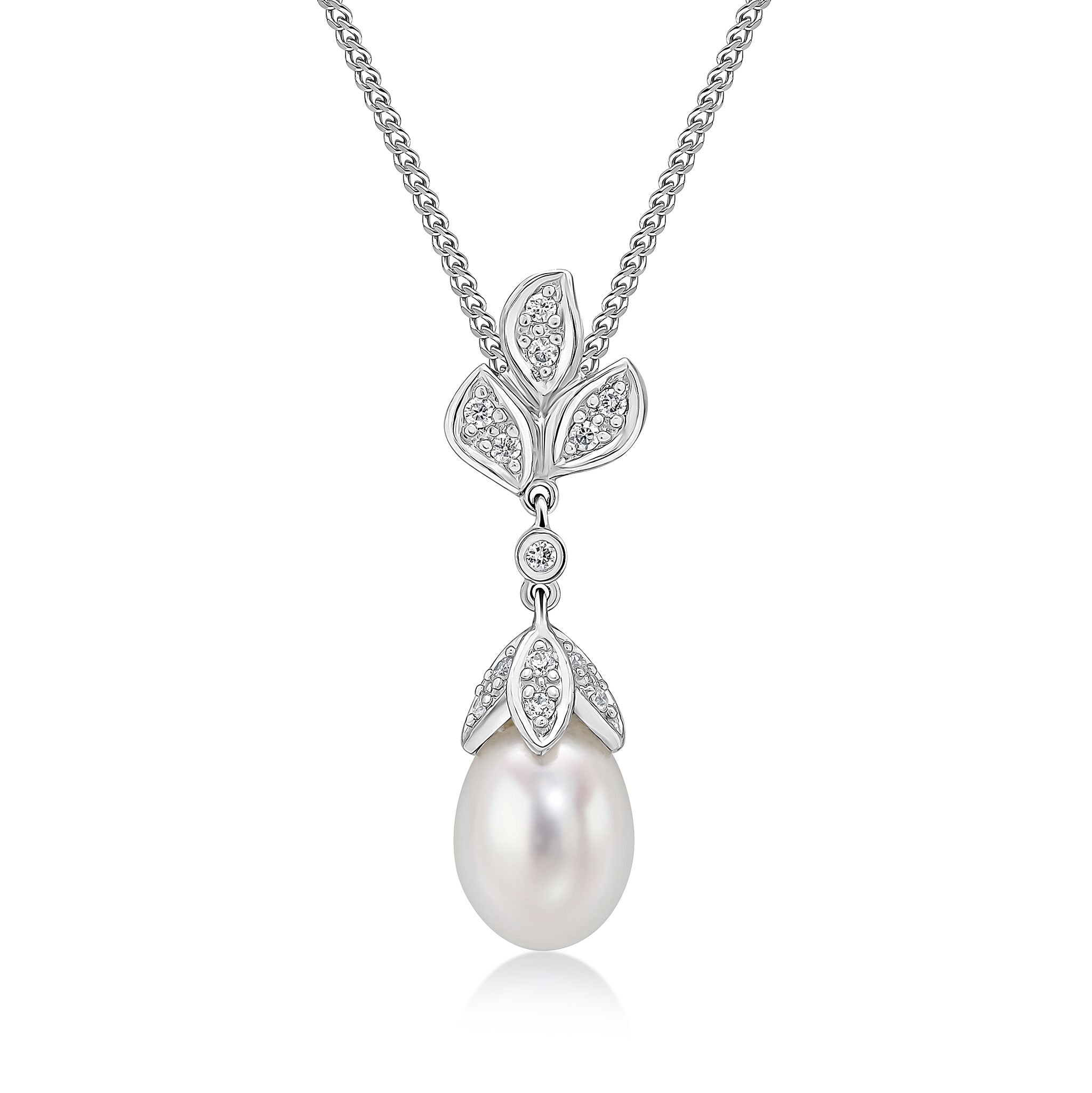 9ct White Gold Prl & Diamond Floral Drp Pen