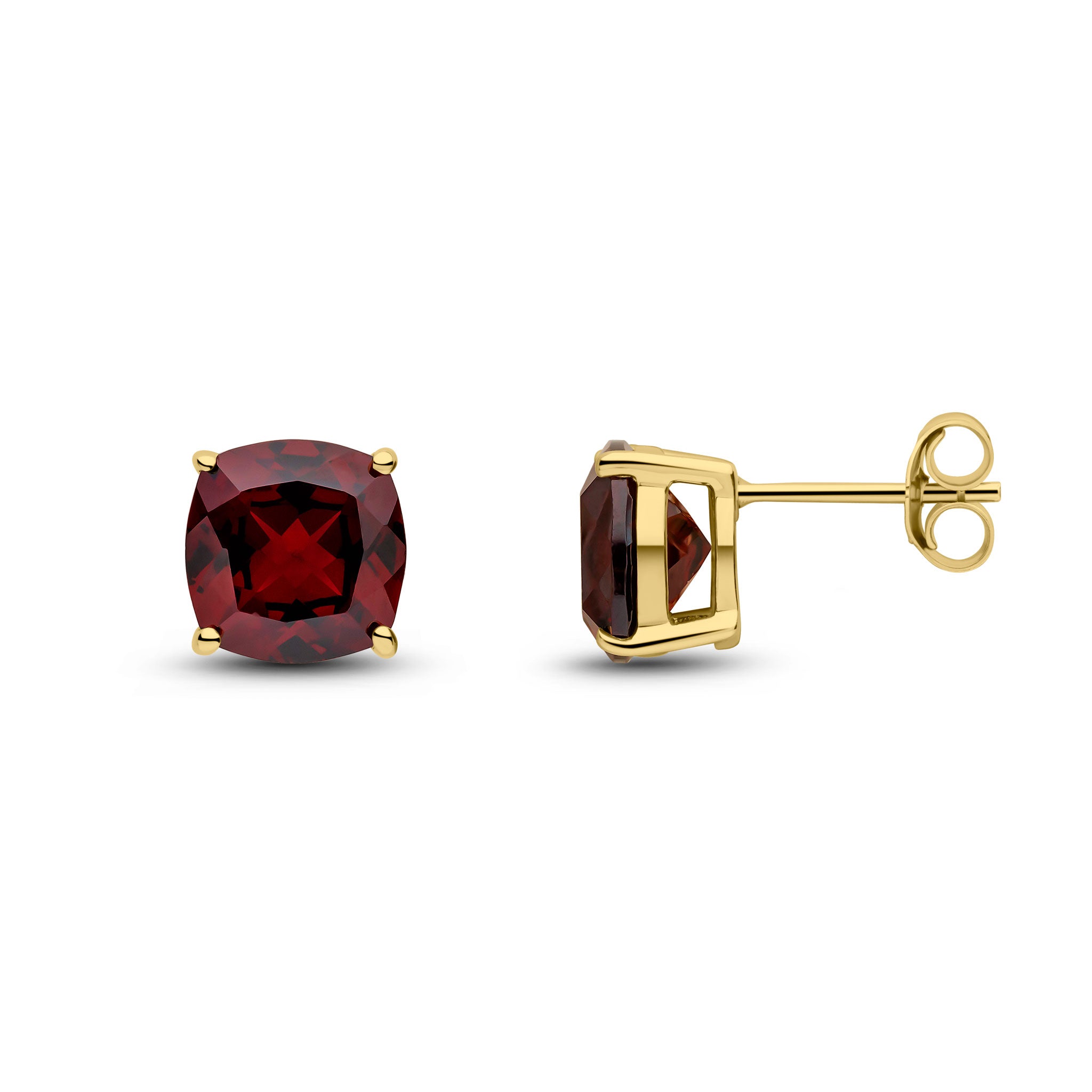 9ct Yellow Gold 8mm Cushion Garnet Claw Set Earrings