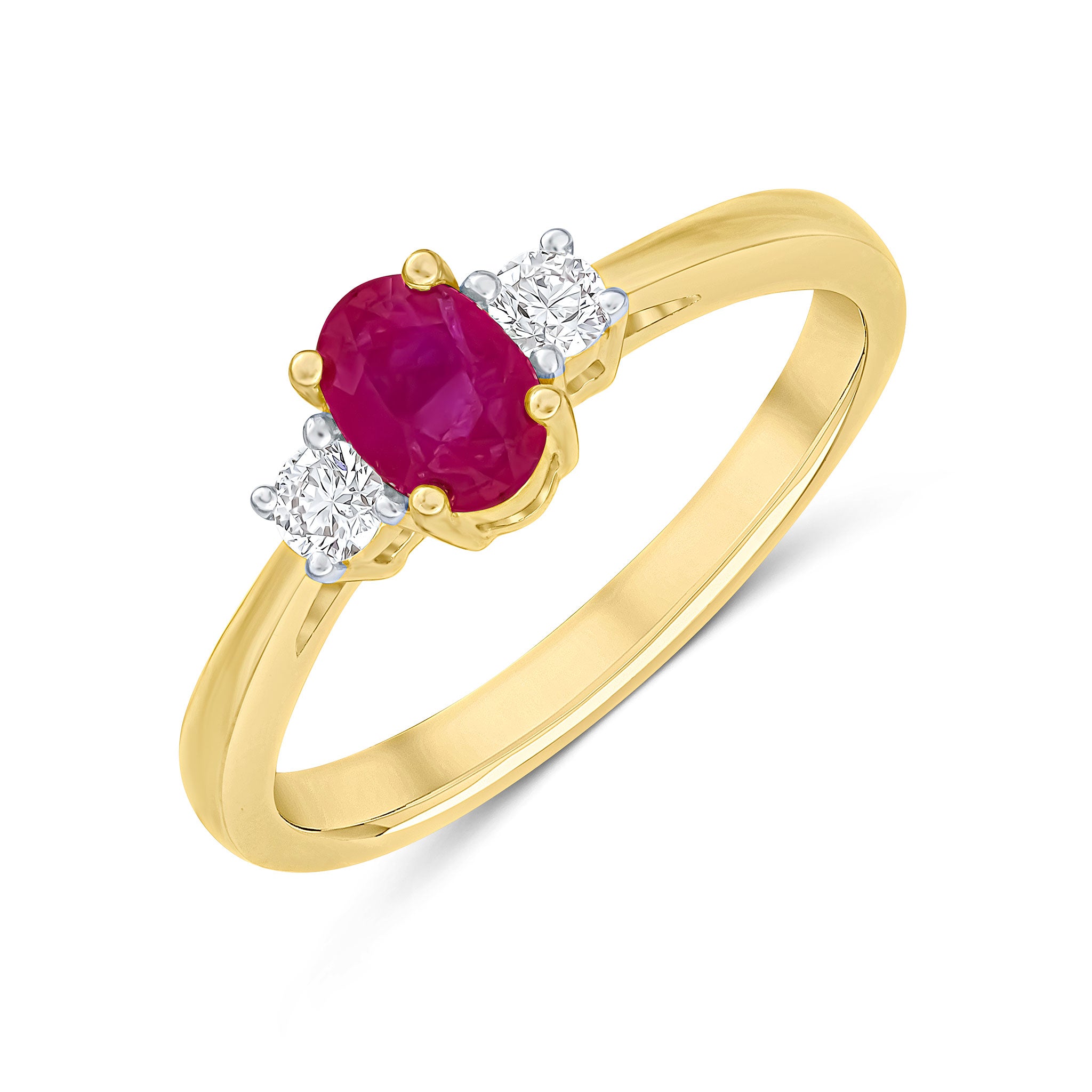9ct Yellow Gold 6x4 Oval Ruby and Round Diamond Claw Set 3 Stone Ring Rhodium to Diamonds