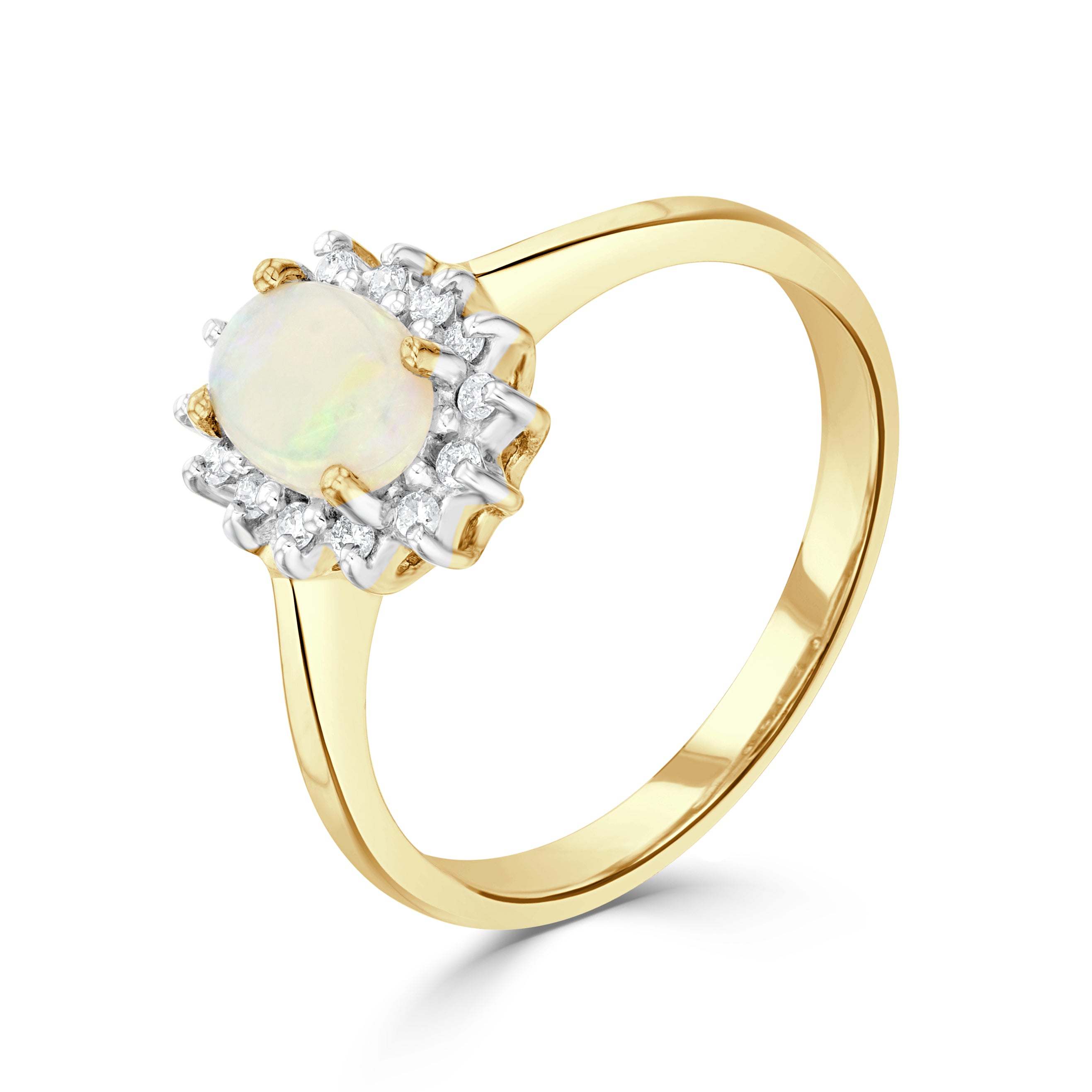 9CT YG 7X5 OVAL OPAL & DIAMOND CLAW CLUSTER RING. RHOIUM TO DIAMONDS 1
