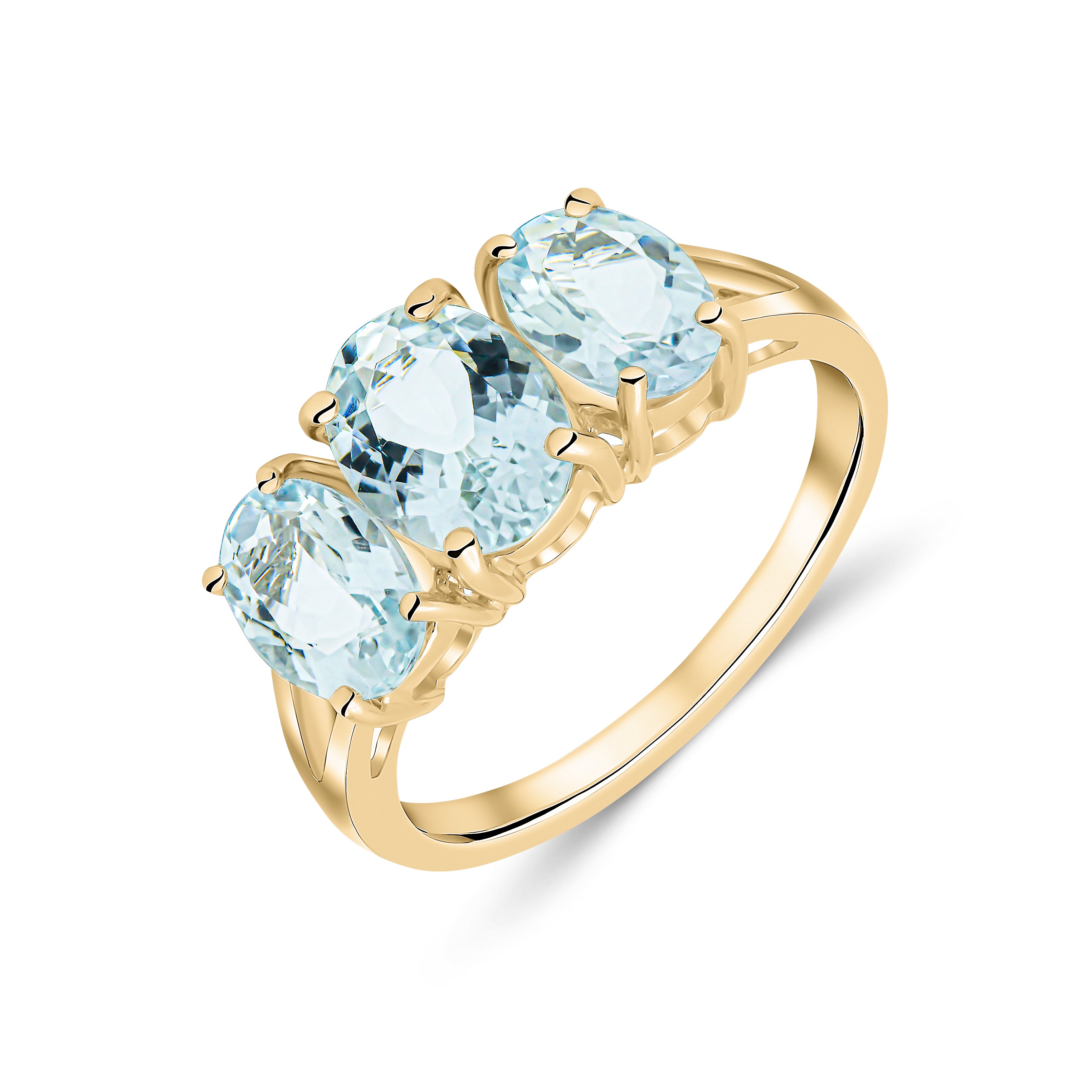 9ct Yellow Gold Oval Aquamarine Claw Set 3 Stone Ring with Split Shoulders