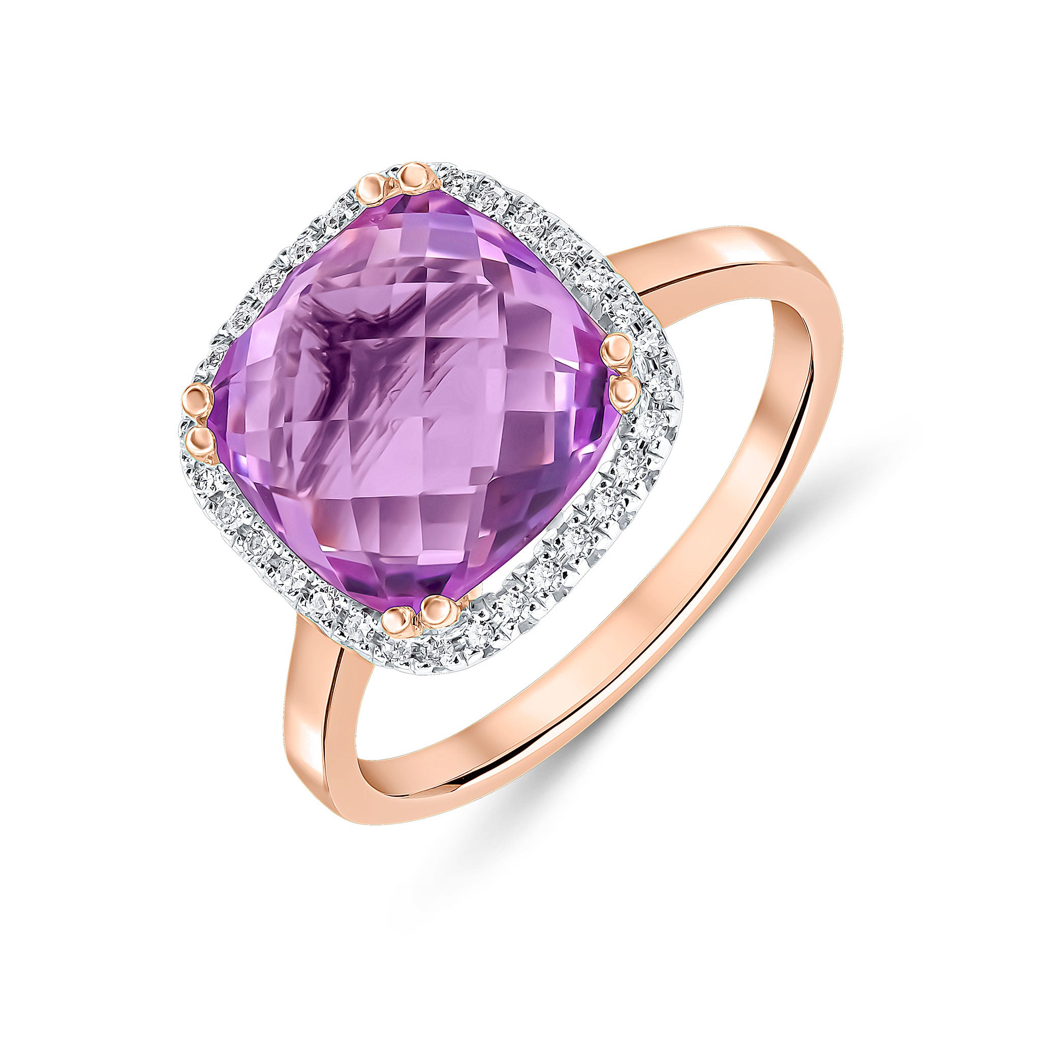 9ct Rose Gold 10mm Checkerboard Cut Cushion Pink Amethyst & Diamond Claw Set Cluster Ring Rhodium to Diamonds