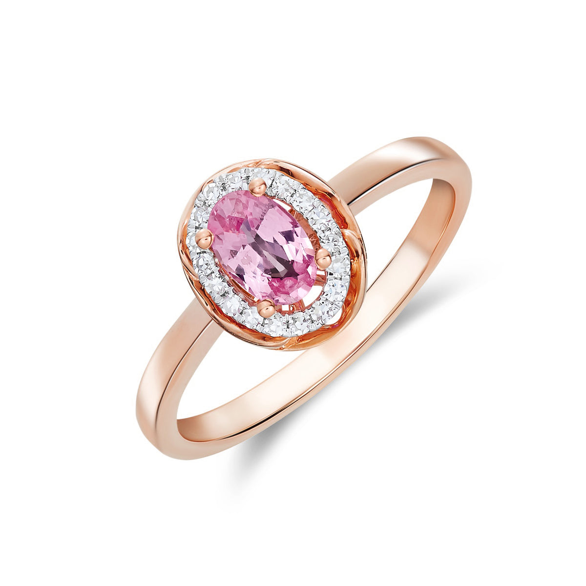 9ct Rose Gold 6x4 Oval Pink Sapphire & Diamond Cluster Ring with Rope Edge