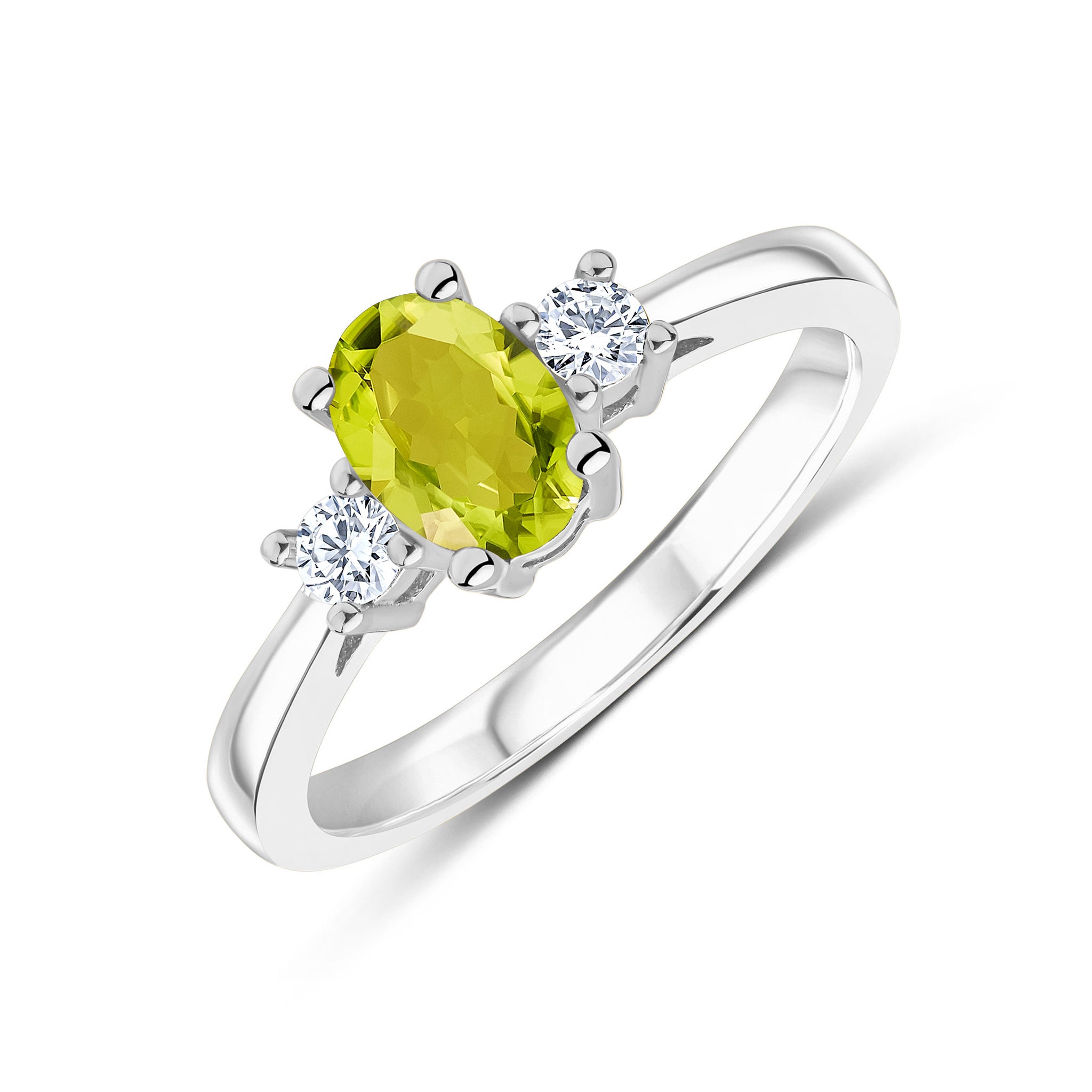 9ct White Gold 7x5 Oval Peridot and Round Diamond Claw Set 3 Stone Ring