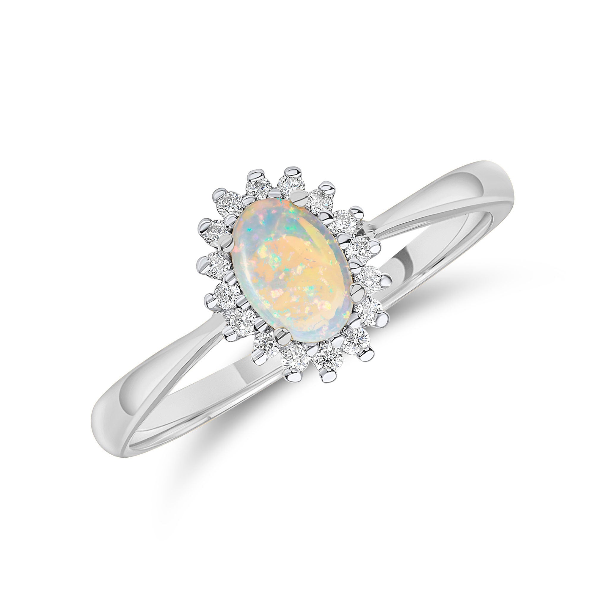 18ct White Gold 6x4 Oval Opal & Round Diamond Claw Set Cluster Ring