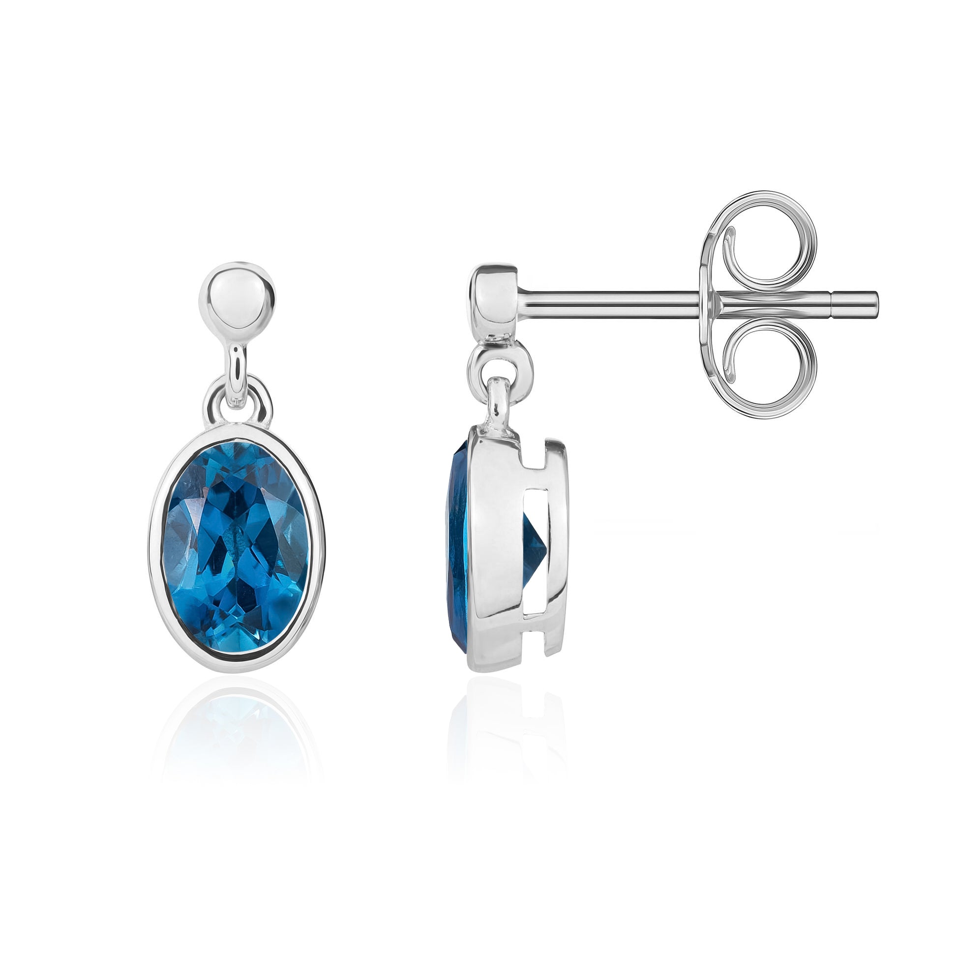 9ct White Gold 6x4 Oval London Blue Topaz Rubover Drop Earrings with 2.5mm Bead Top