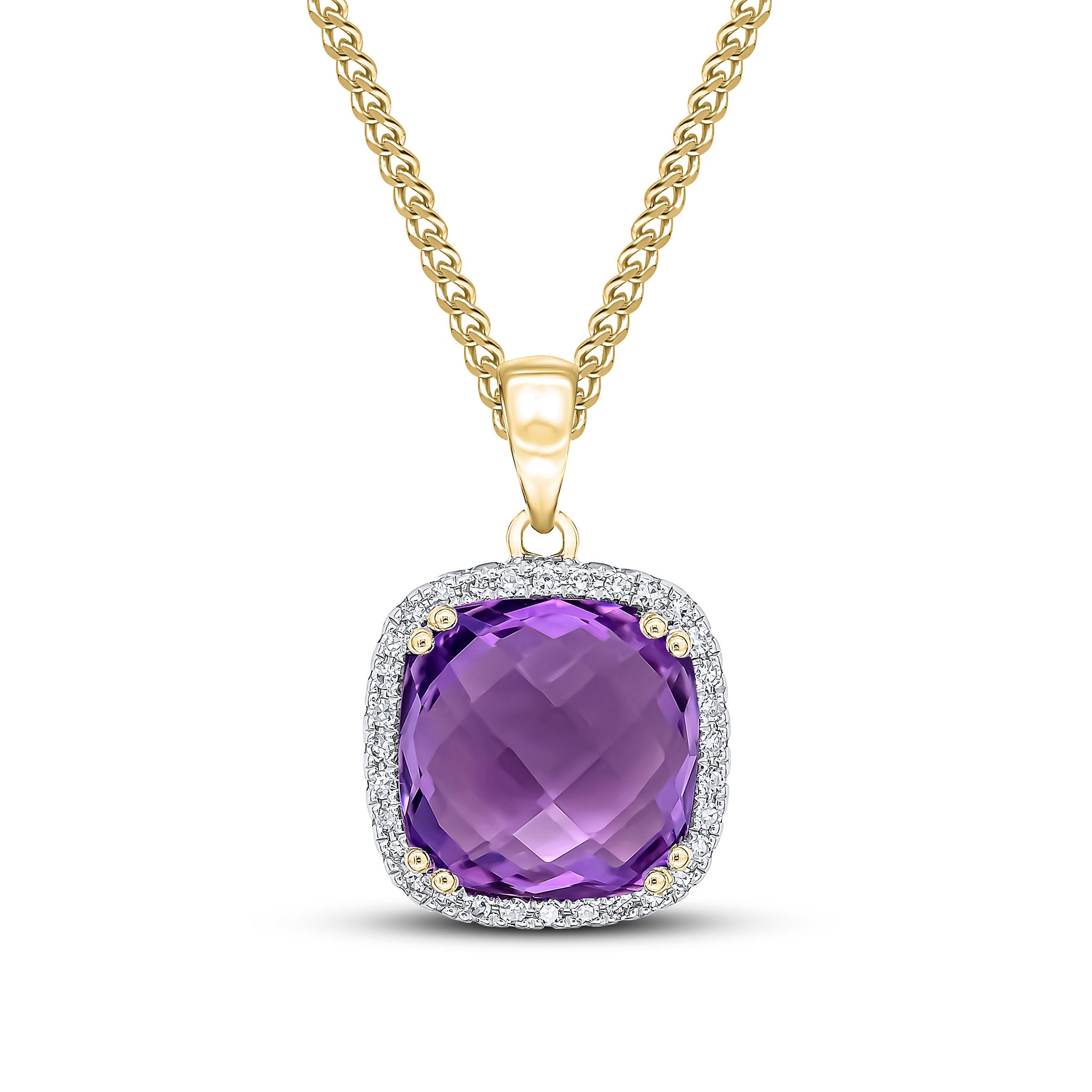 9ct Yellow Gold 10mm Checkeboard Cut Cushion Amethyst & Diamond Claw Set Cluster Pendant Rhodium to Diamonds