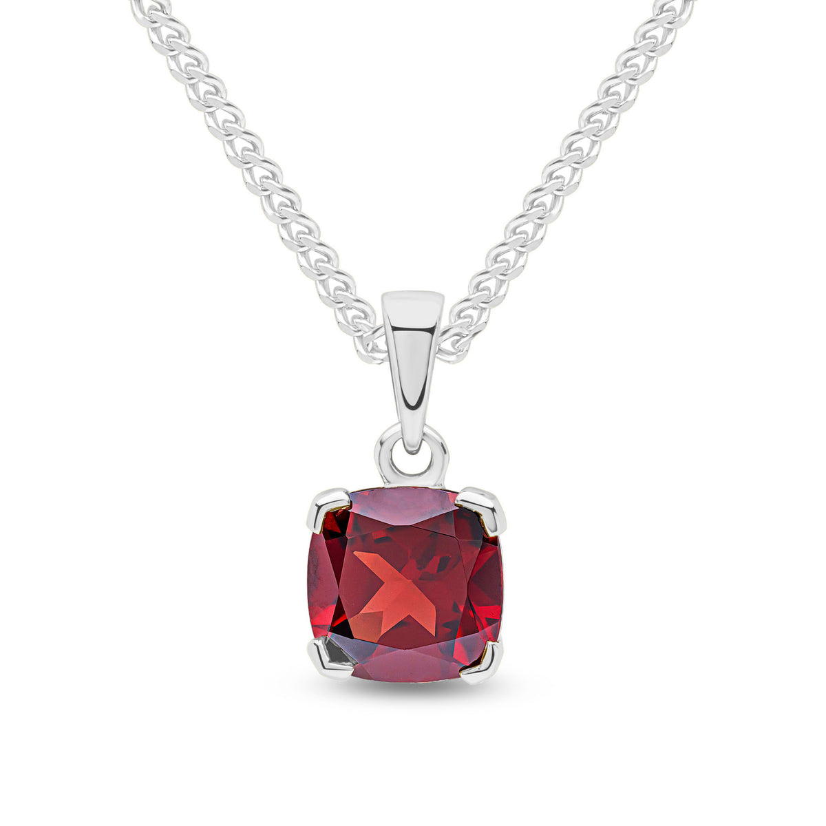 9ct White Gold 8mm Cushion Garnet Claw Set Pendant