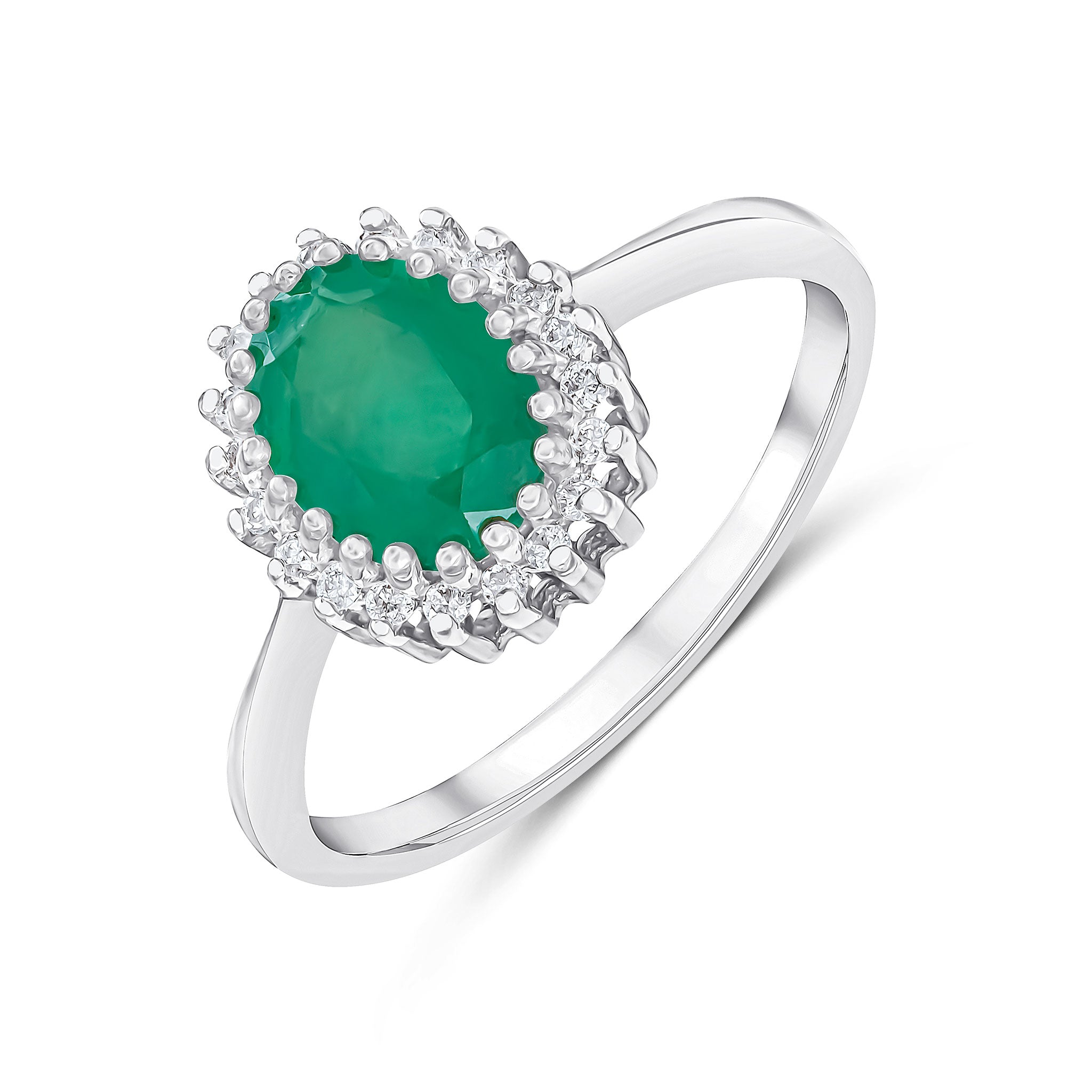 9CT WG 8X6 OVAL EMERALD & DIAMOND CLUSTER CLAW SET RING 1