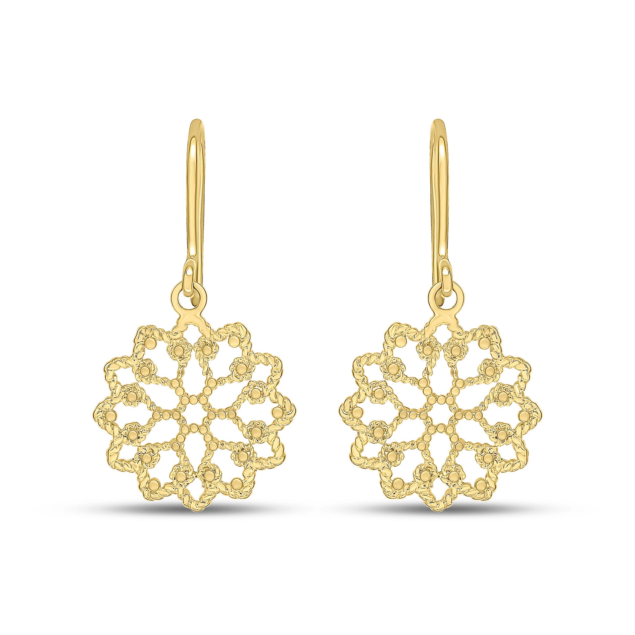 9ct Yellow Gold Round Flower Filligree Drop Earrings With Shepherounds