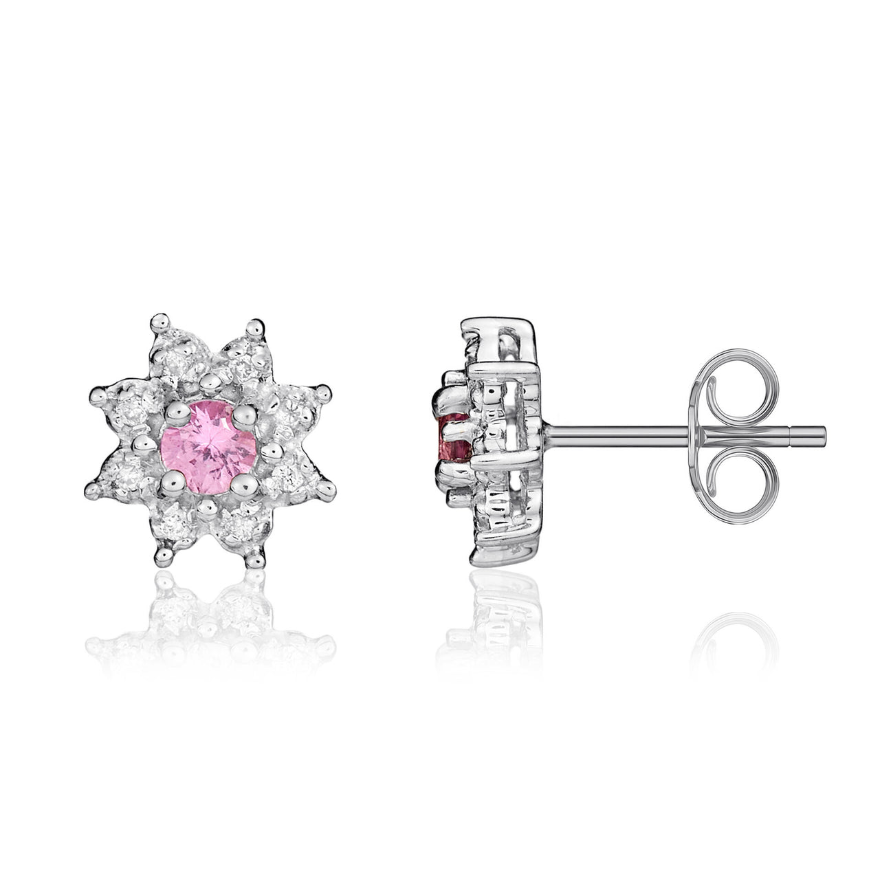 9ct White Gold Round Pink Sapphire & Diamond Cluster Earrings