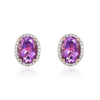 9ct rose gold 8 x 6mm Oval Amethyst And Diamond Claw Cluster Earrings. Rhodium