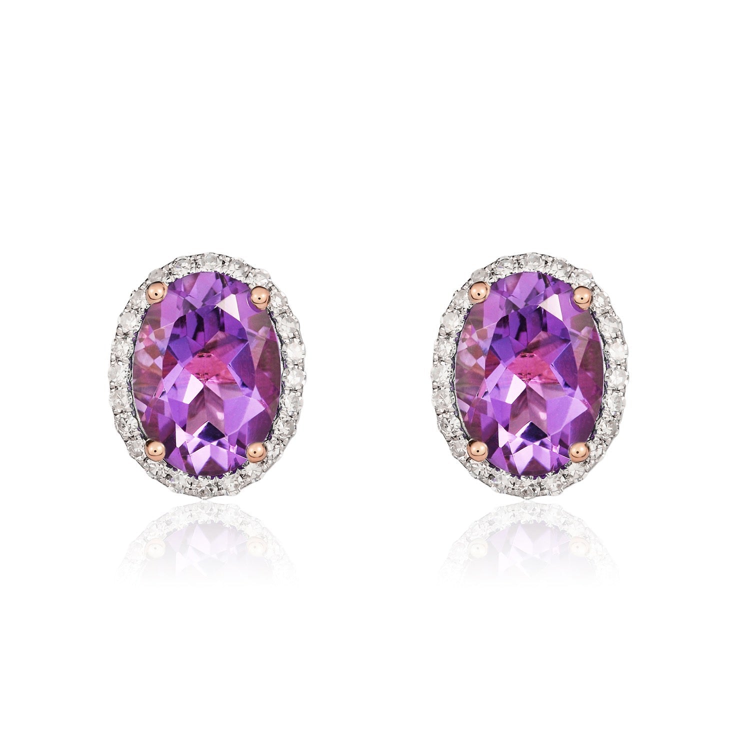 9ct rose gold 8 x 6mm Oval Amethyst And Diamond Claw Cluster Earrings. Rhodium