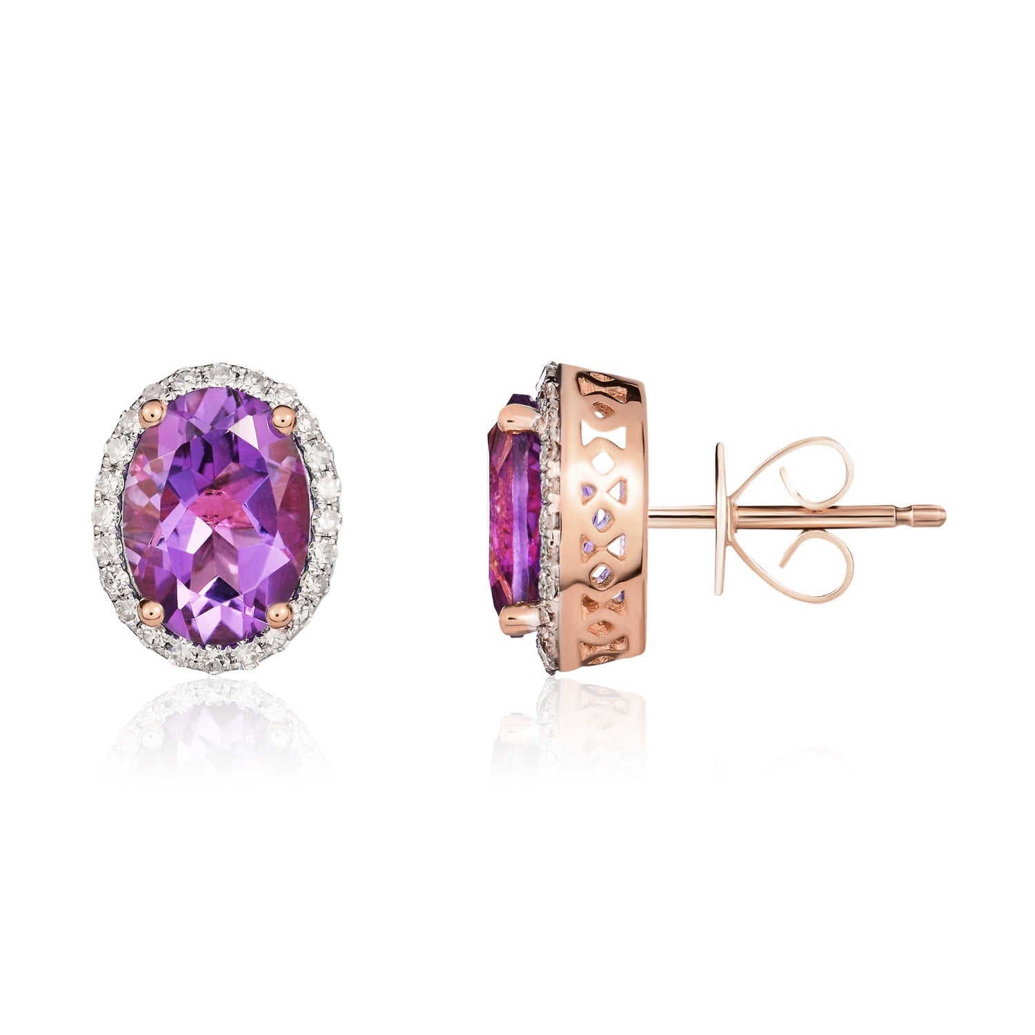 9ct rose gold 8 x 6mm Oval Amethyst And Diamond Claw Cluster Earrings. Rhodium