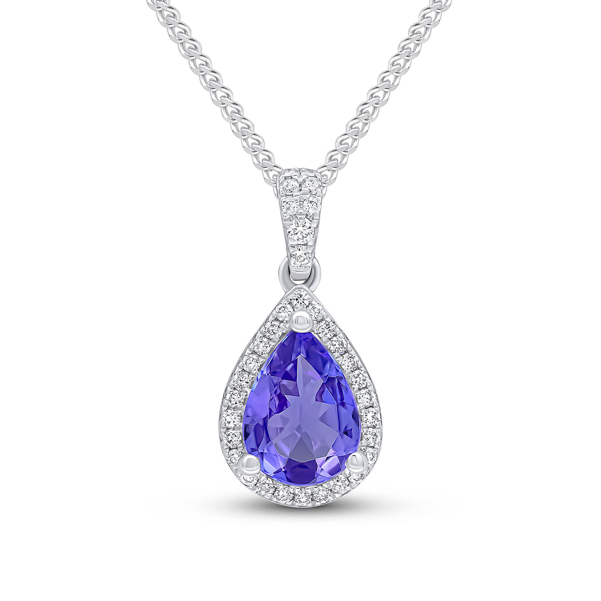 18ct White Gold 8x6 Pear Shape Tanzanite & Diamond Cluster Pendant