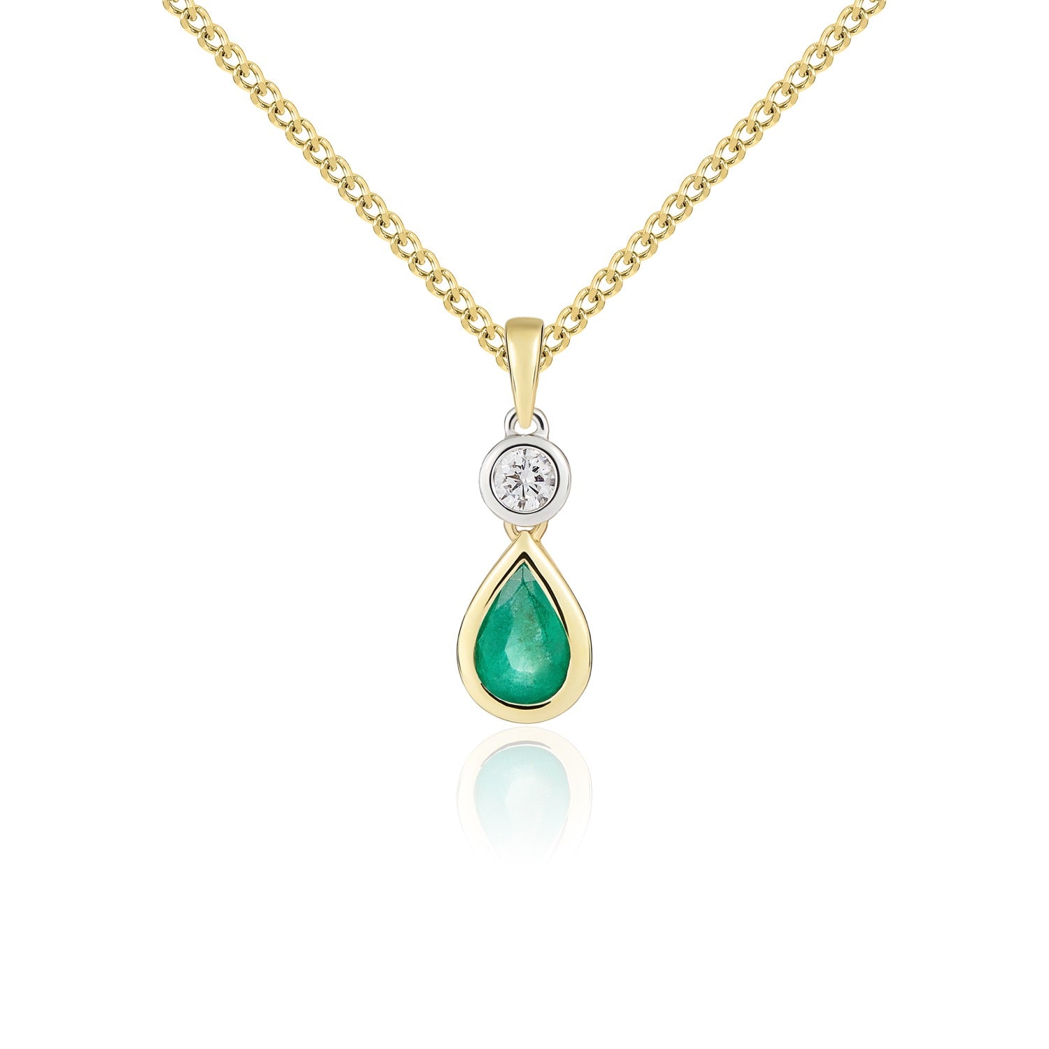 18ct Ywg Pear Shape Emerald and Round Diamond Rubover 2 Stone Pendant