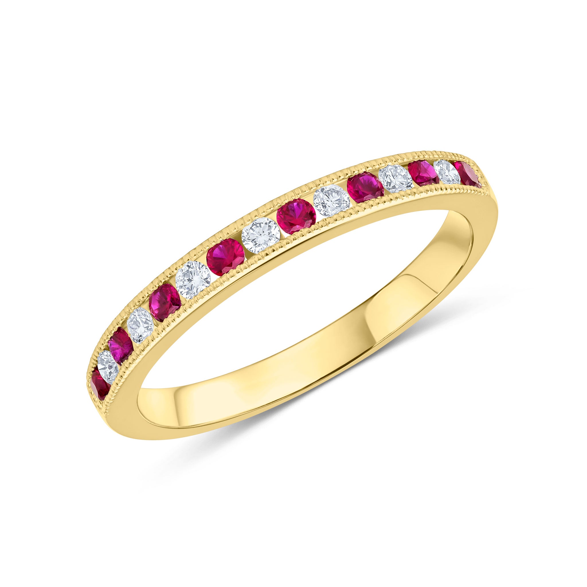18ct Yellow Gold Round Ruby & Diamond Milgrain Set 15 Stone Eternity Ring