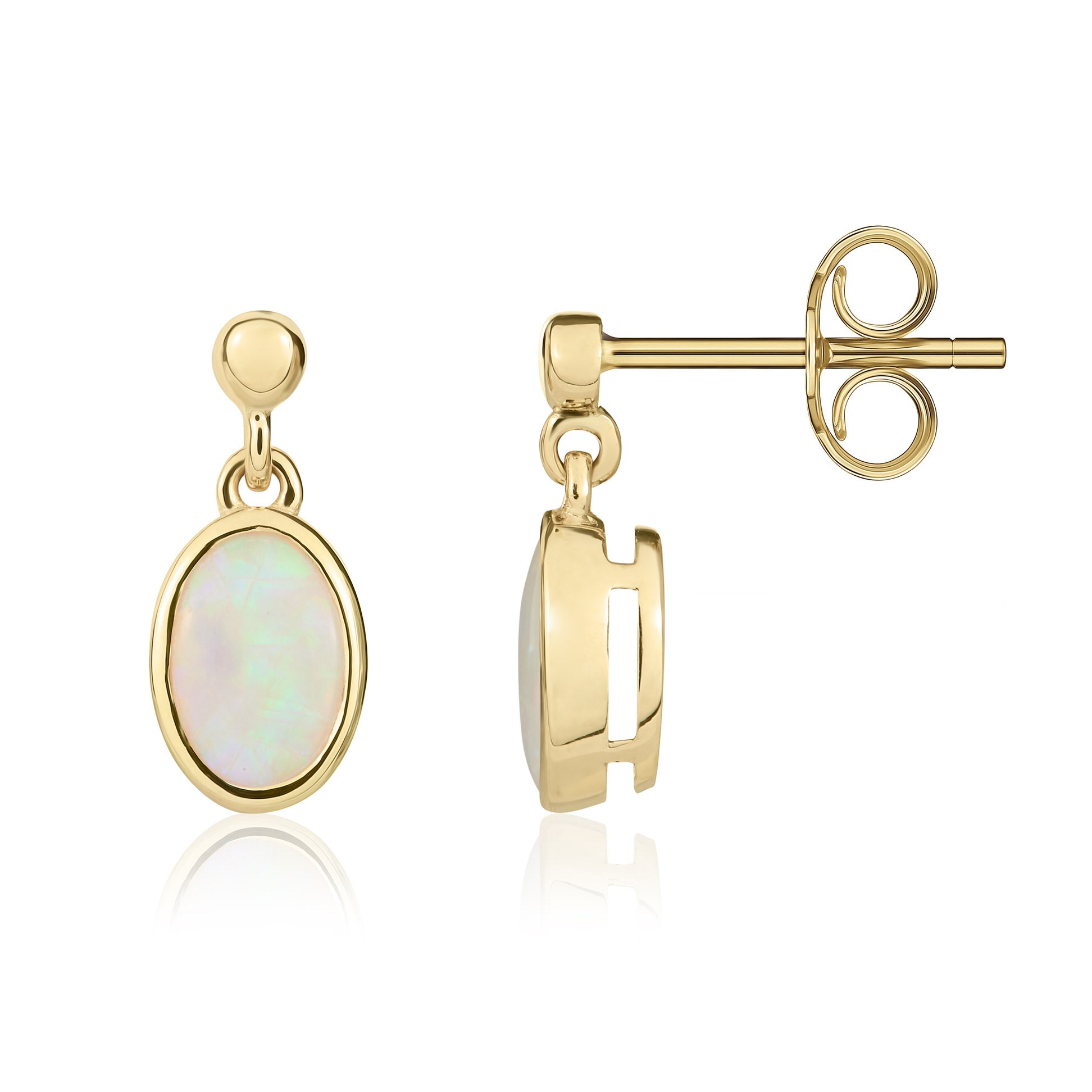 9ct Yellow Gold 7x5mm Oval Opal Rubover Drop Earrings with Bead Top