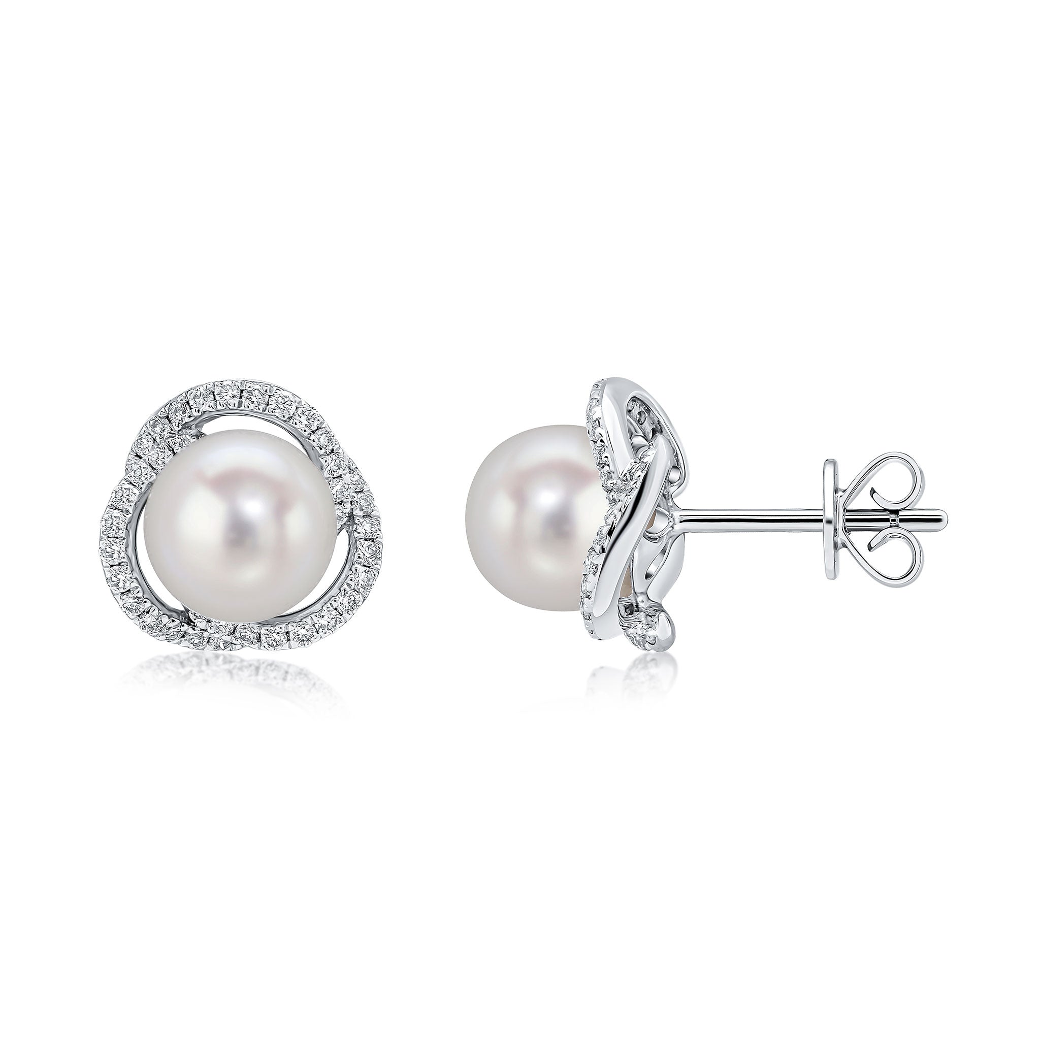 18ct White Gold Freshwater Cultured Pearl and Diamond Swirl Round Cluster Earrings