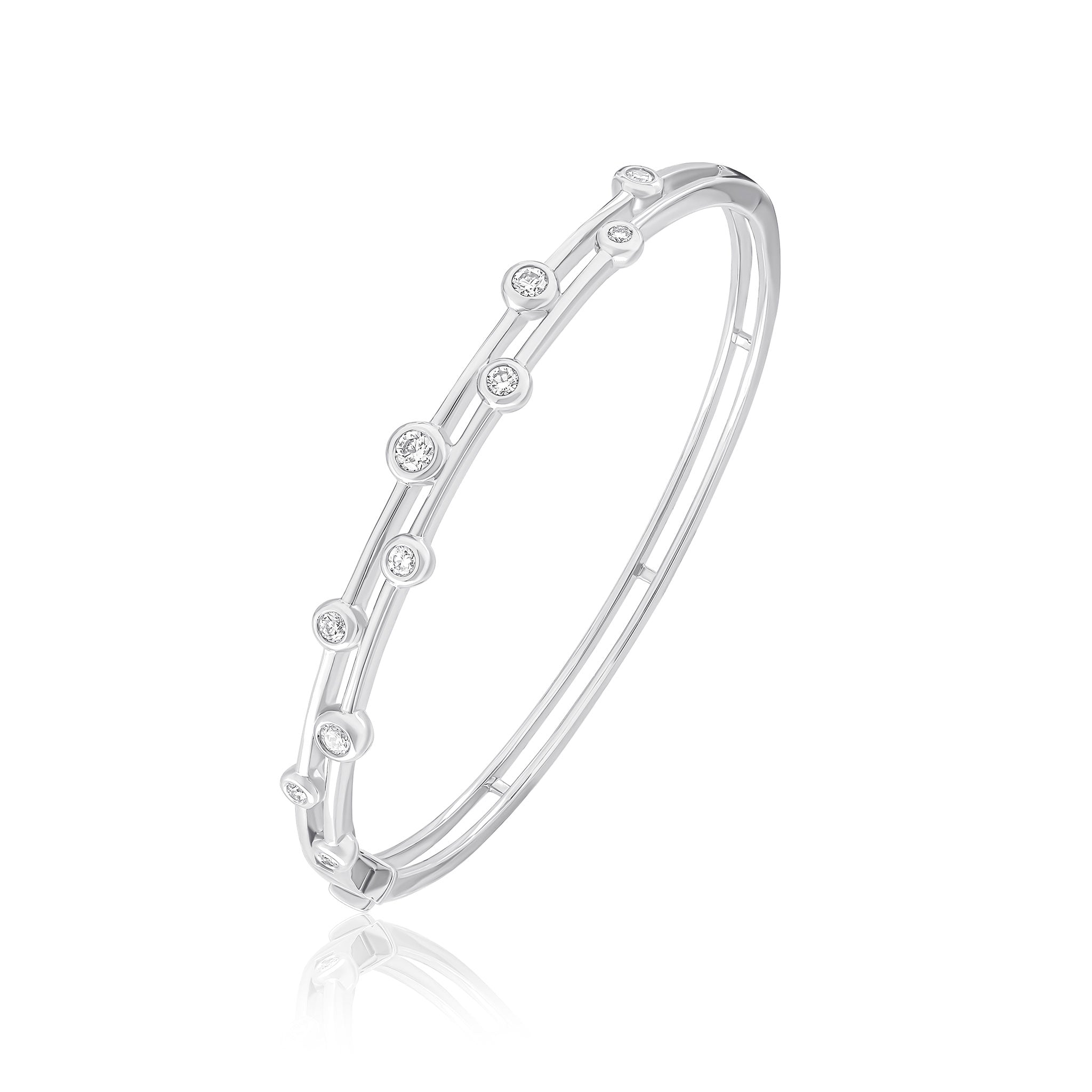 18ct White Gold Rubover Round Diamond 2 Row Hinged Bubble Bangle