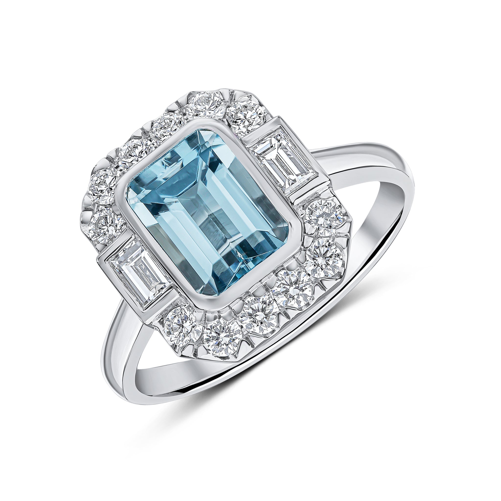 18ct White Gold Octagon Aquamarine and Round and Baguette Diamond Rubover and Grain Set Cluster Ring with Diamond Set Shoulders