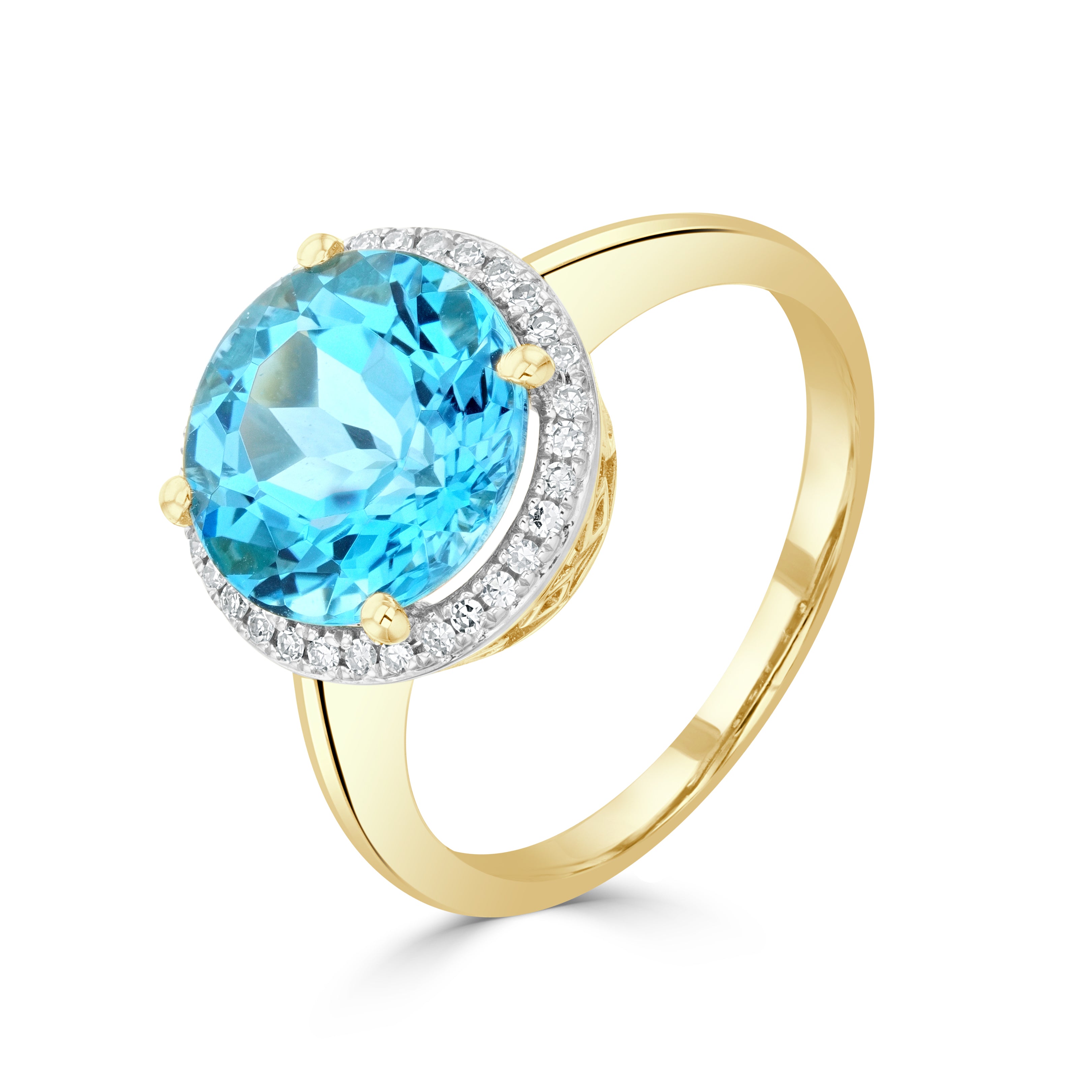 9YG 10MM ROUND SWISS BLUE TOPAZ & DIAMOND CLUSTER RING 1