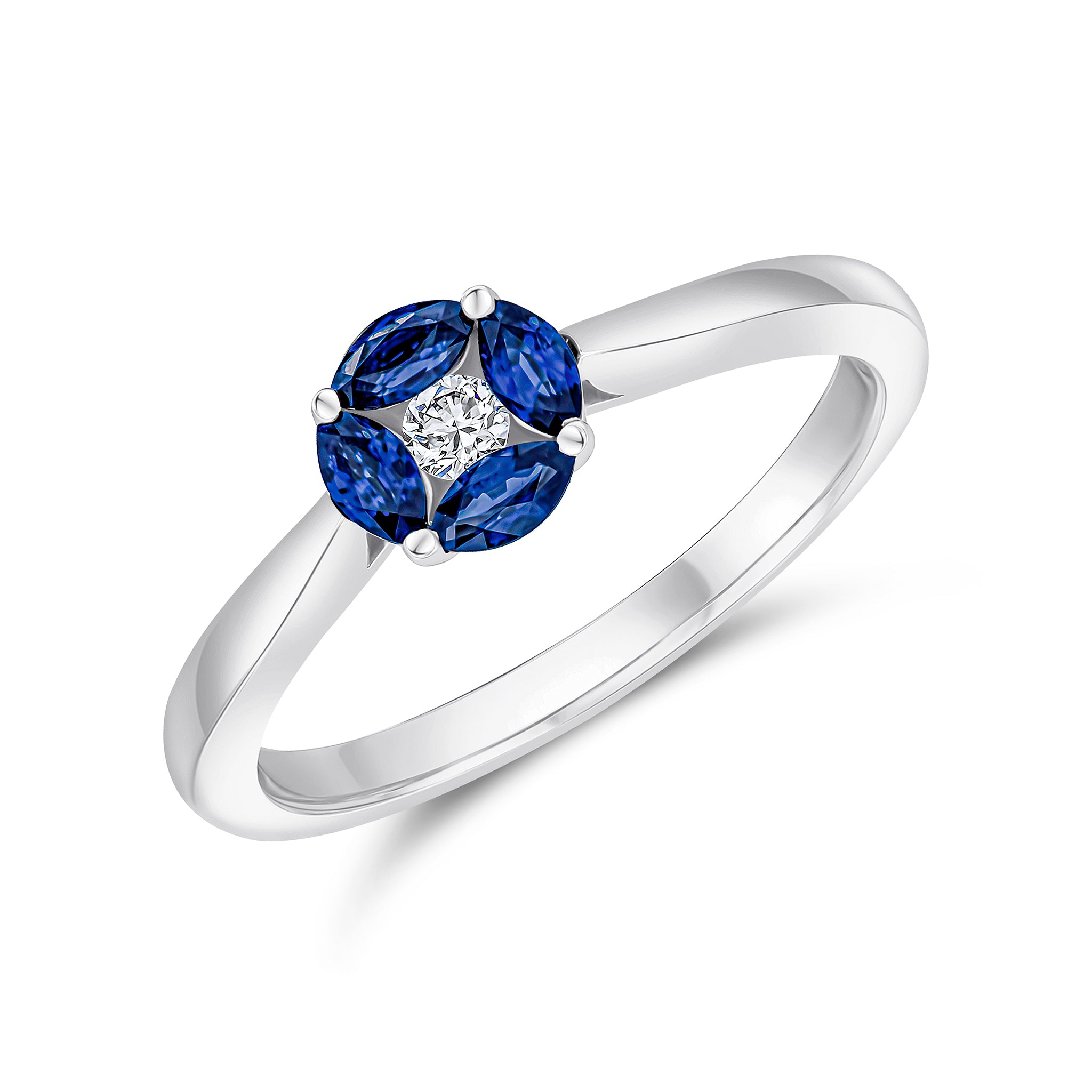 18ct White Gold Marquise Sapphire & Round Diamond Cluster Ring Tapered Shank