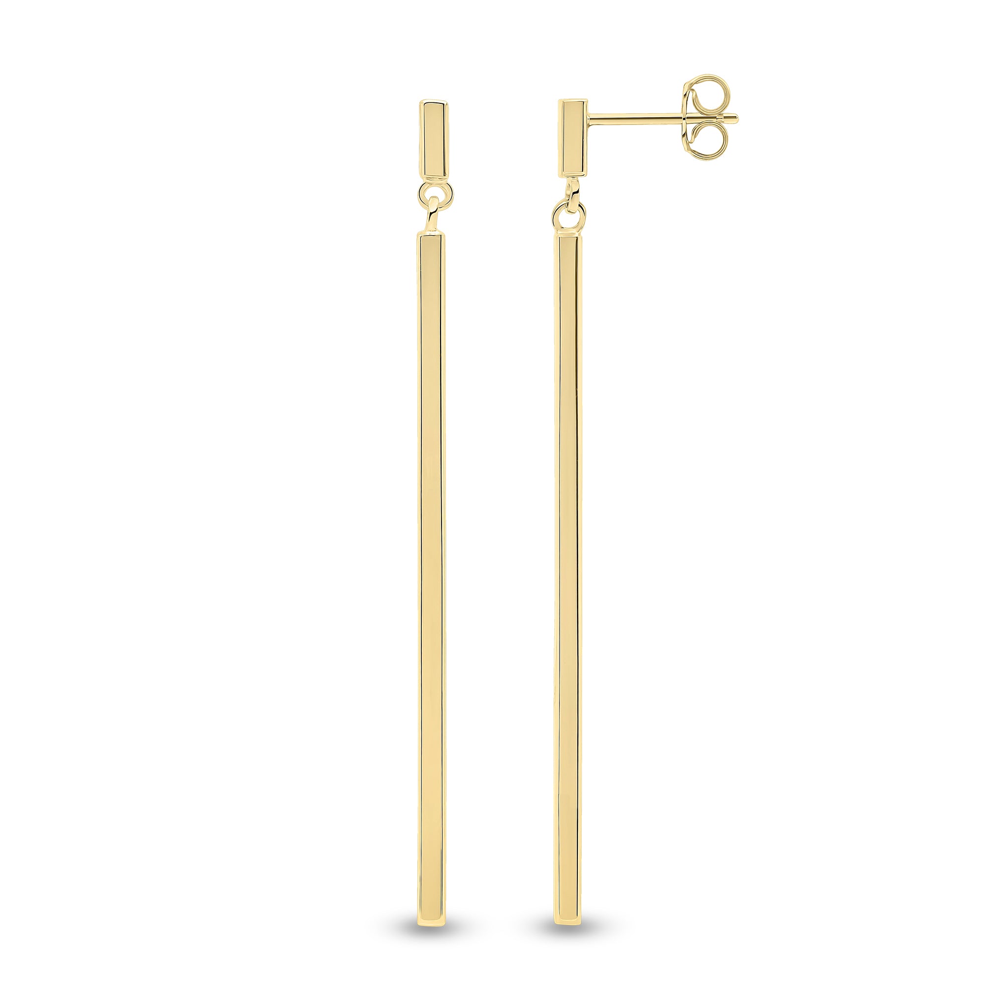 9ct Yellow Gold Polished Square Tube Bar Drop Earrings 62mm Long