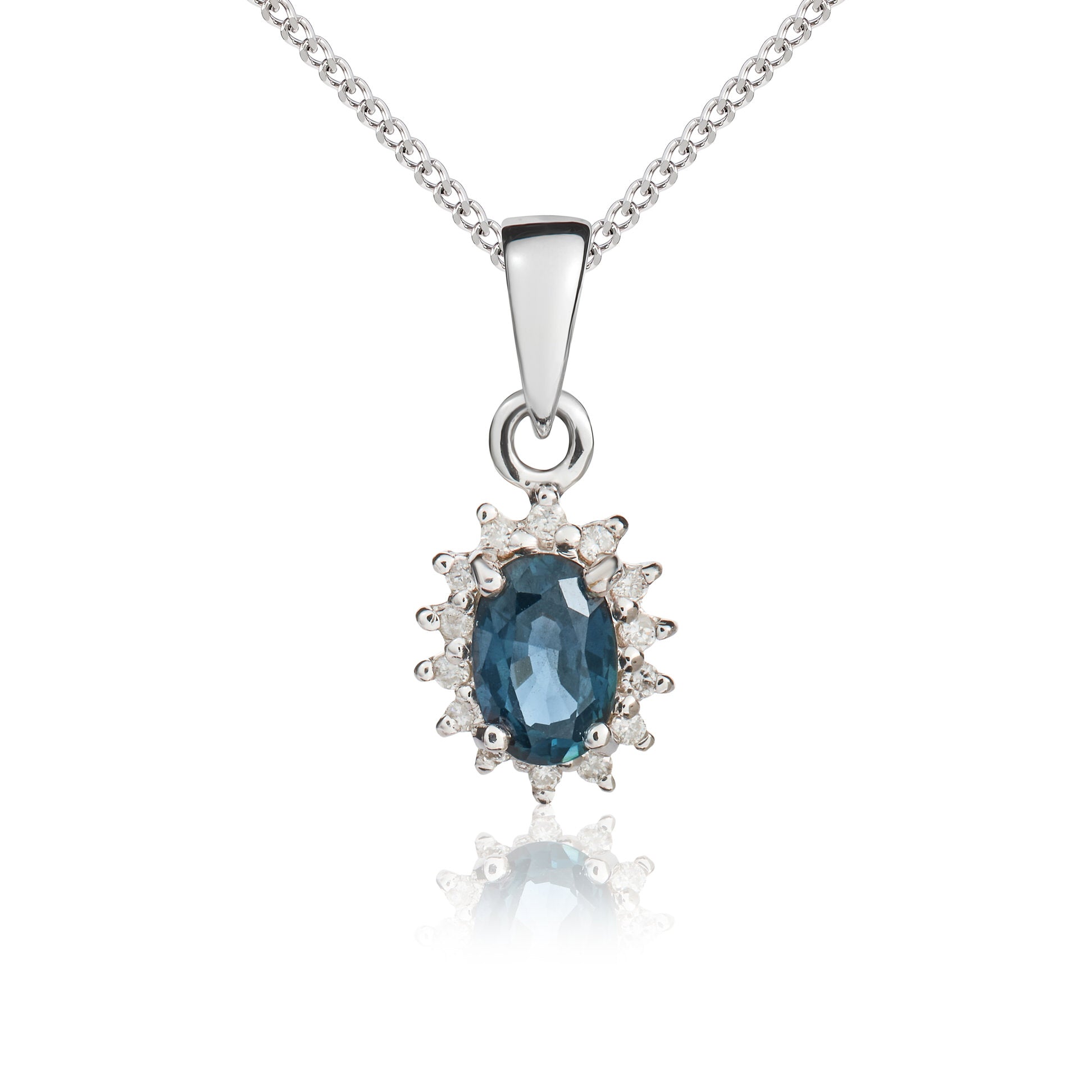 9ct White Gold Oval Blue Sapphire & Diamond Cluster Pendant