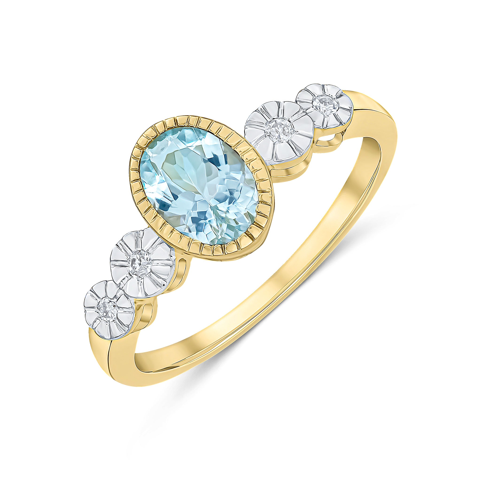 9ct Yellow Gold Milgrain Oval Aquamarine and Illusion Diamond 4 Stone Shoulders Ring