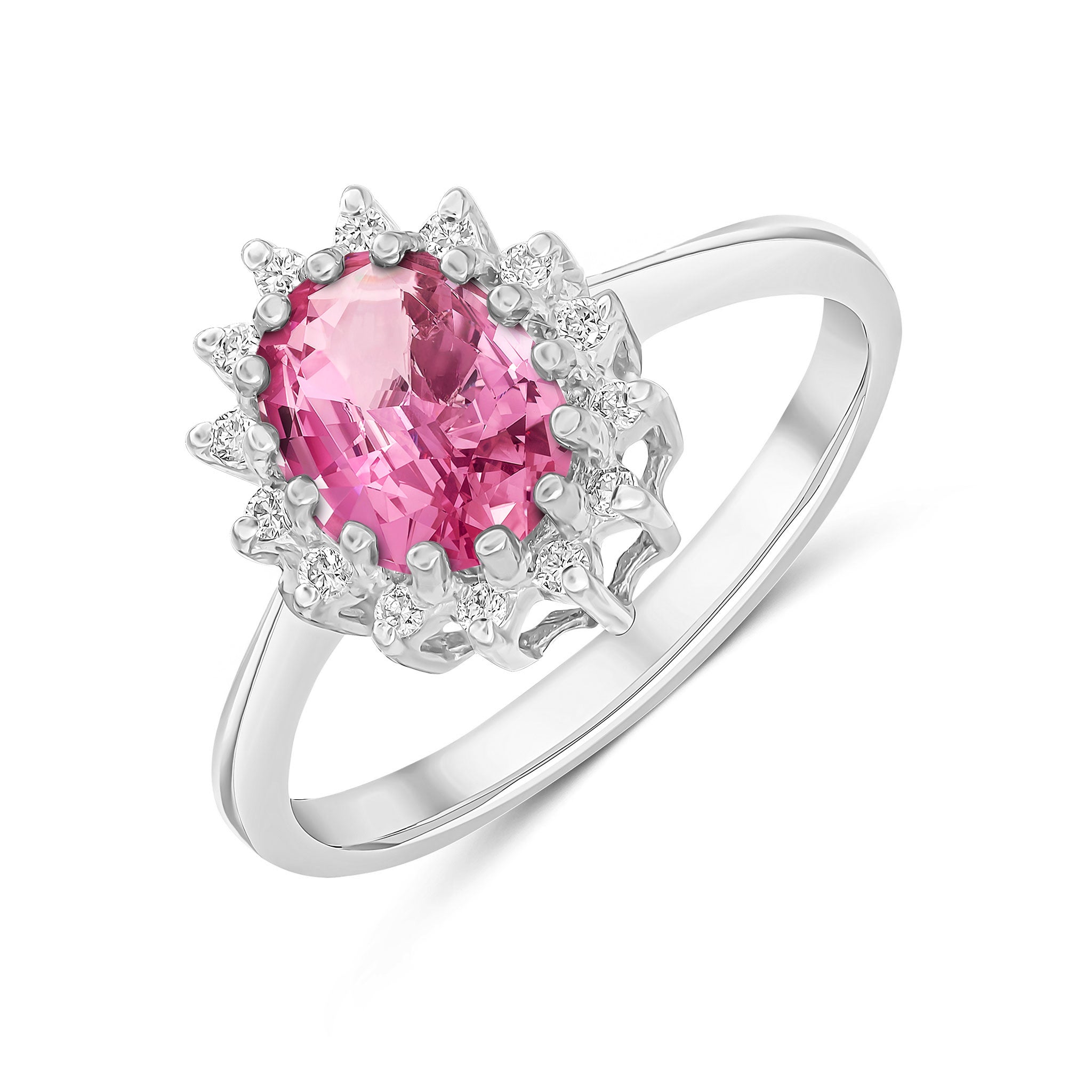 9ct White Gold 8x6 Oval Pink Sapphire & Diamond Claw Set Cluster Ring